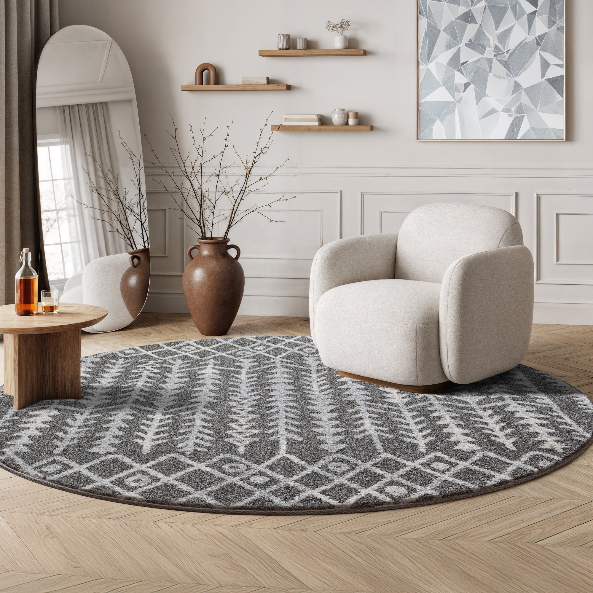 Boho Rond Vintage Kelim Laagpolig Vloerkleed Grijs