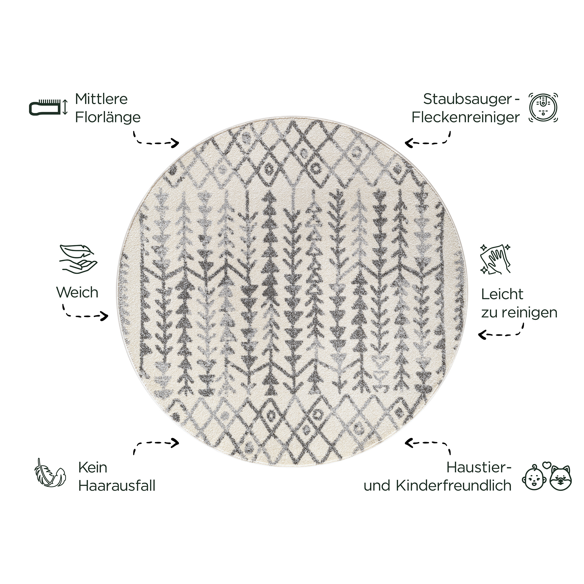 Rond Boho Vintage Kelim | Laagpolig Vloerkleed | Modern Tapijt | Woonkamer, Slaapkamer | Creme