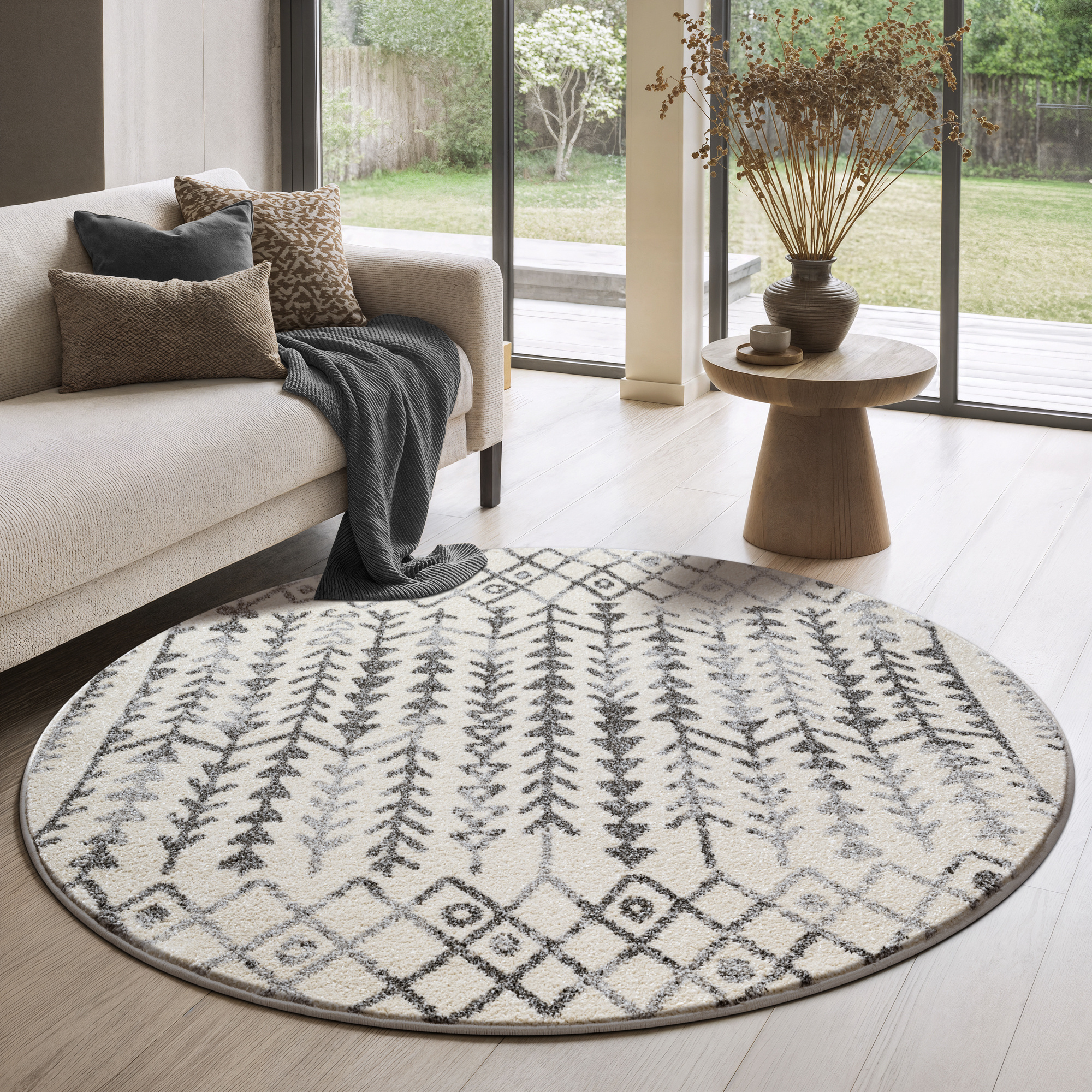 Rond Boho Vintage Kelim | Laagpolig Vloerkleed | Modern Tapijt | Woonkamer, Slaapkamer | Creme