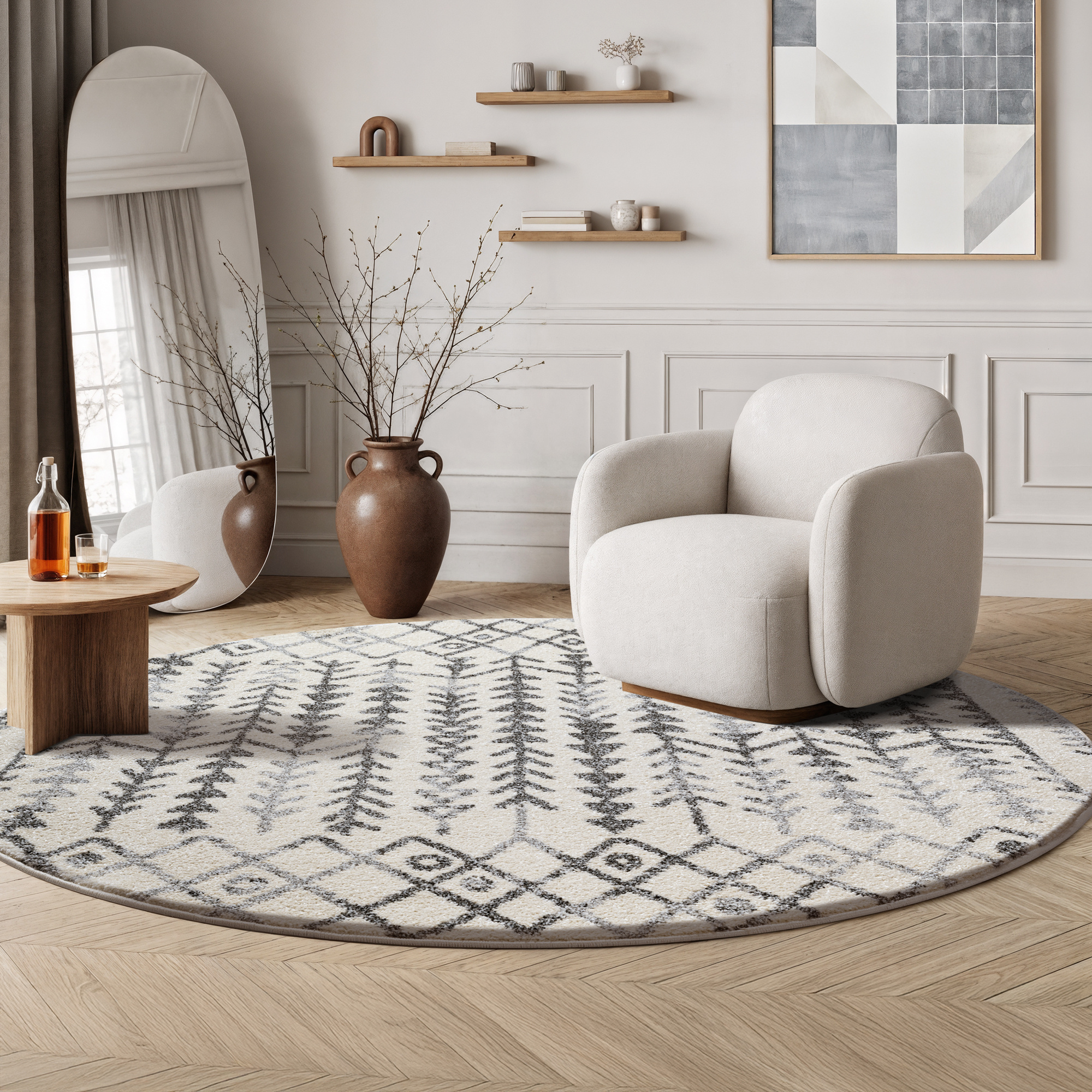 Rond Boho Vintage Kelim | Laagpolig Vloerkleed | Modern Tapijt | Woonkamer, Slaapkamer | Creme