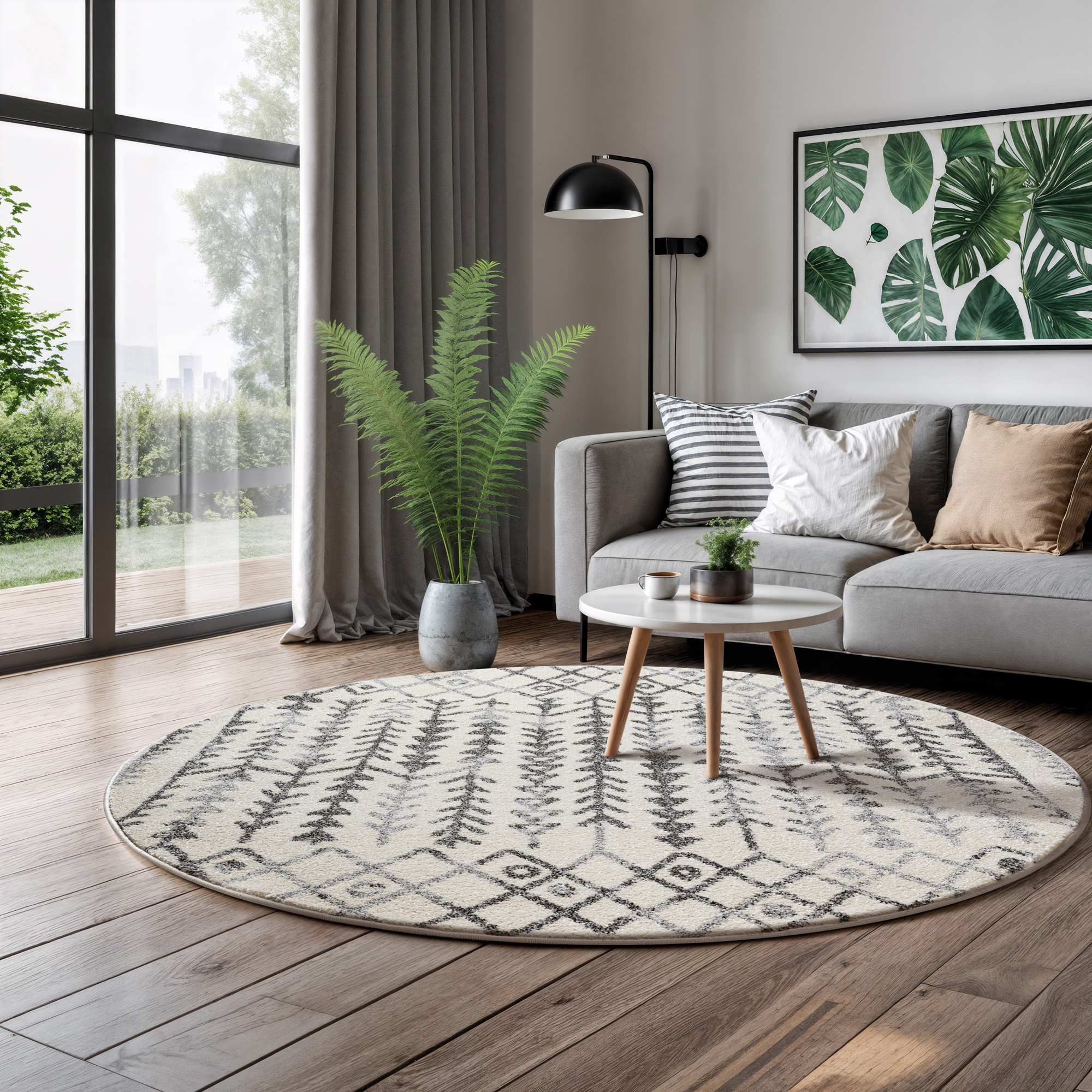 Rond Boho Vintage Kelim | Laagpolig Vloerkleed | Modern Tapijt | Woonkamer, Slaapkamer | Creme