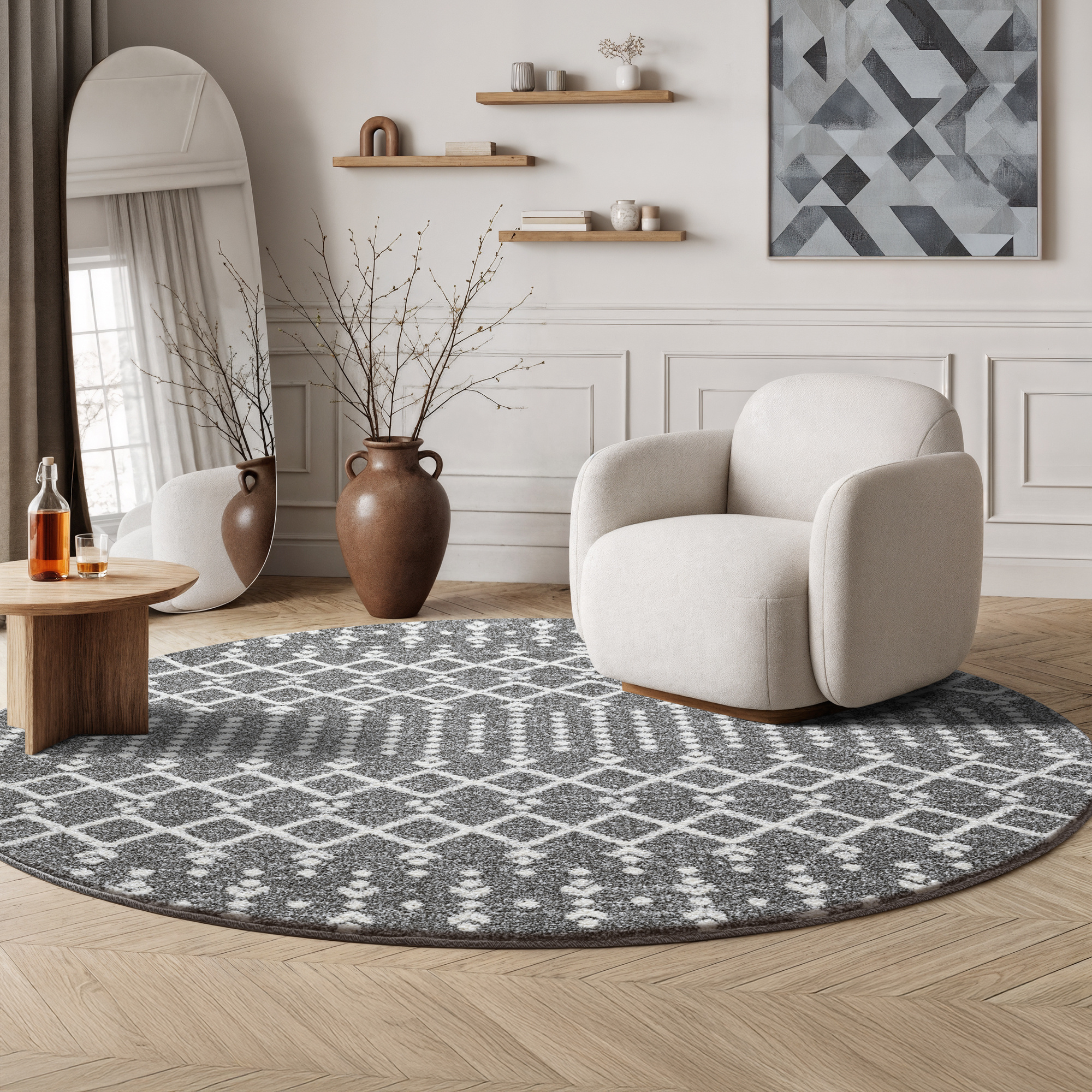 Rond Boho Nomade | Laagpolig Vloerkleed | Modern Tapijt | Woonkamer, Slaapkamer | Grijs