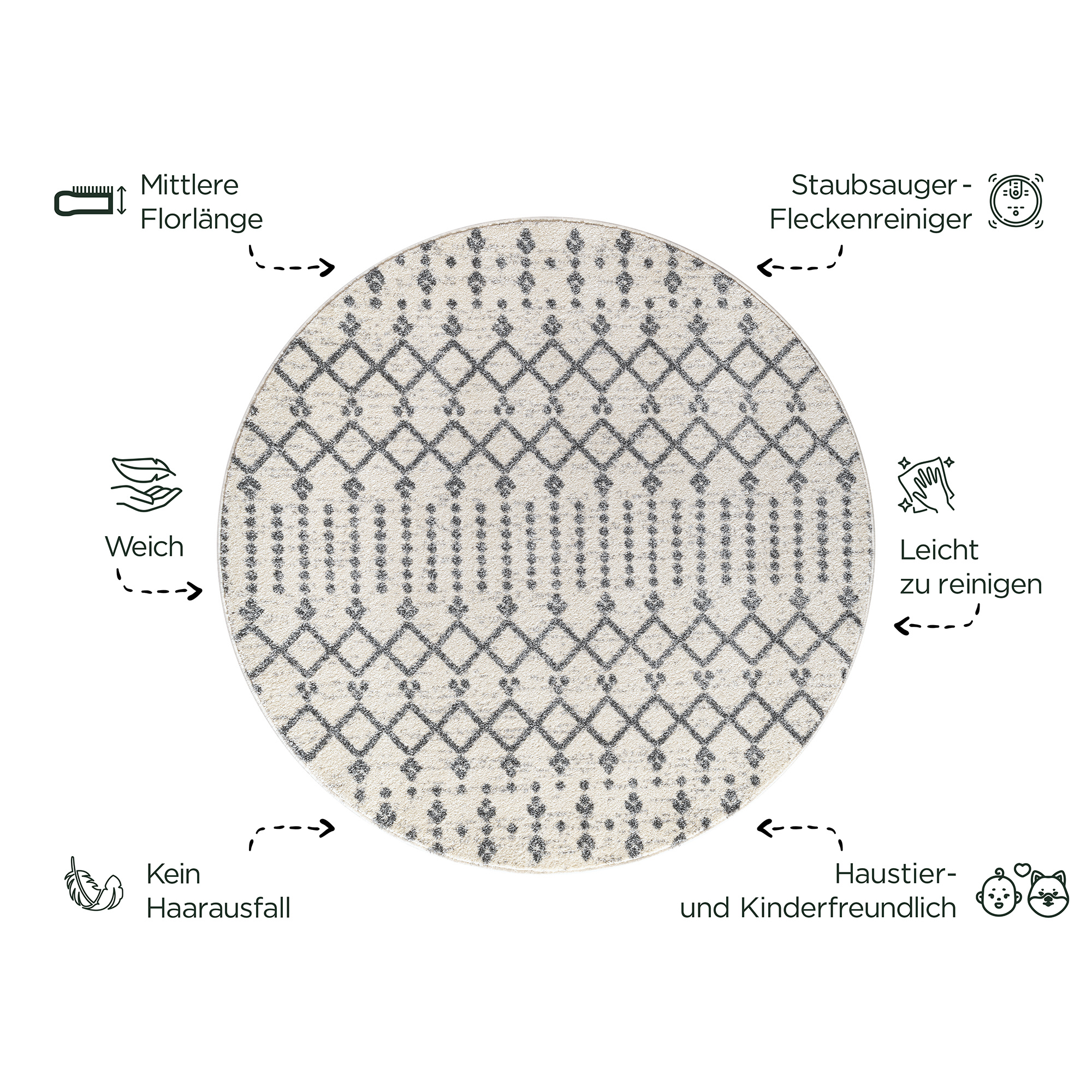 Rond Boho Nomade | Laagpolig Vloerkleed | Modern Tapijt | Woonkamer, Slaapkamer | Creme