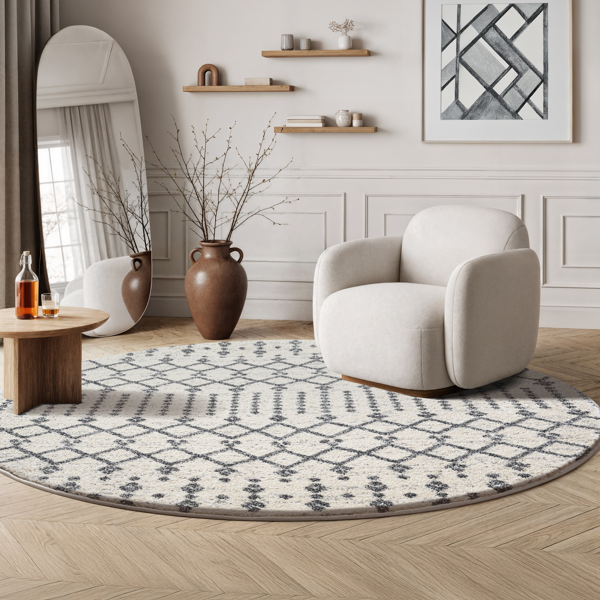 Rond Boho Nomade | Laagpolig Vloerkleed | Modern Tapijt | Woonkamer, Slaapkamer | Creme