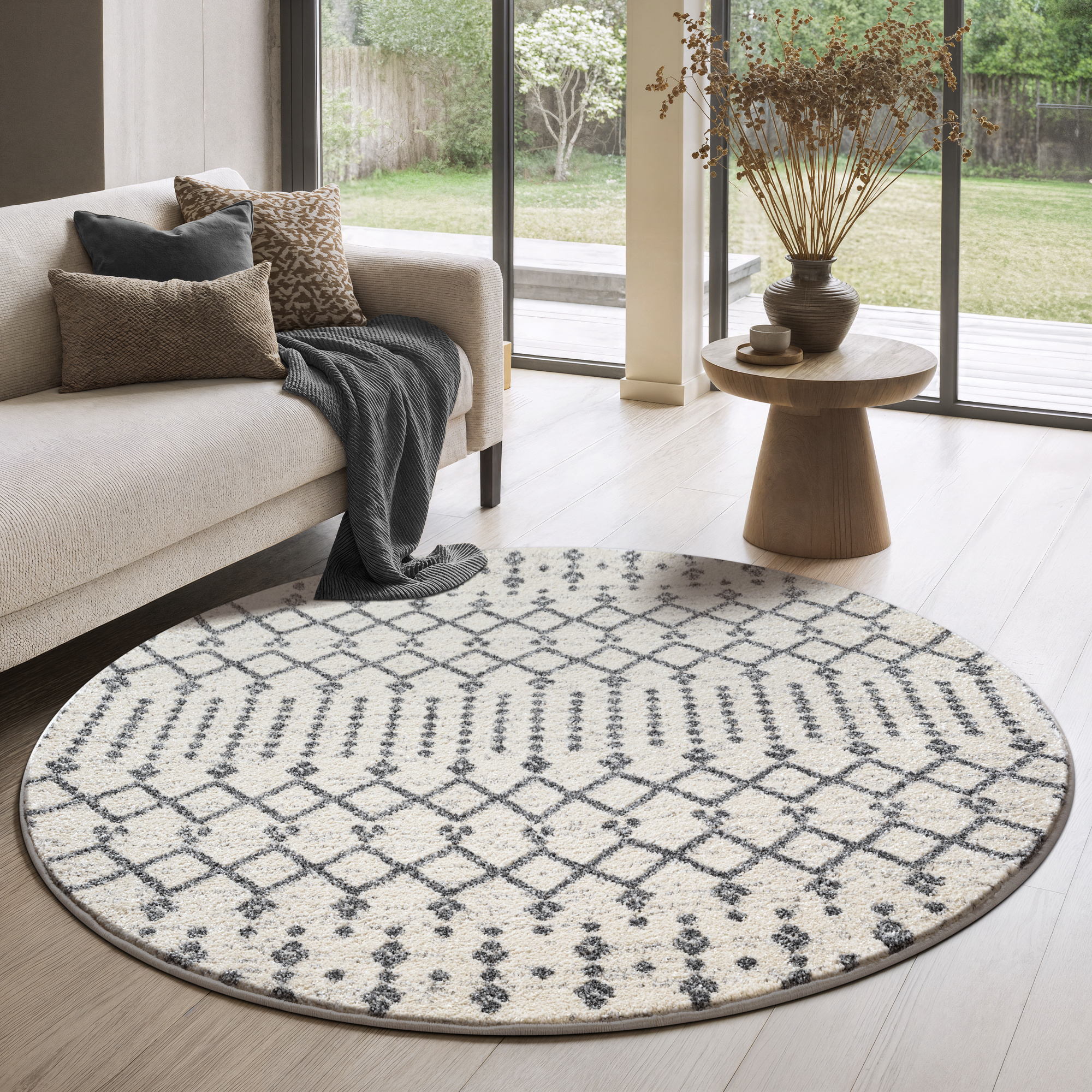 Rond Boho Nomade | Laagpolig Vloerkleed | Modern Tapijt | Woonkamer, Slaapkamer | Creme