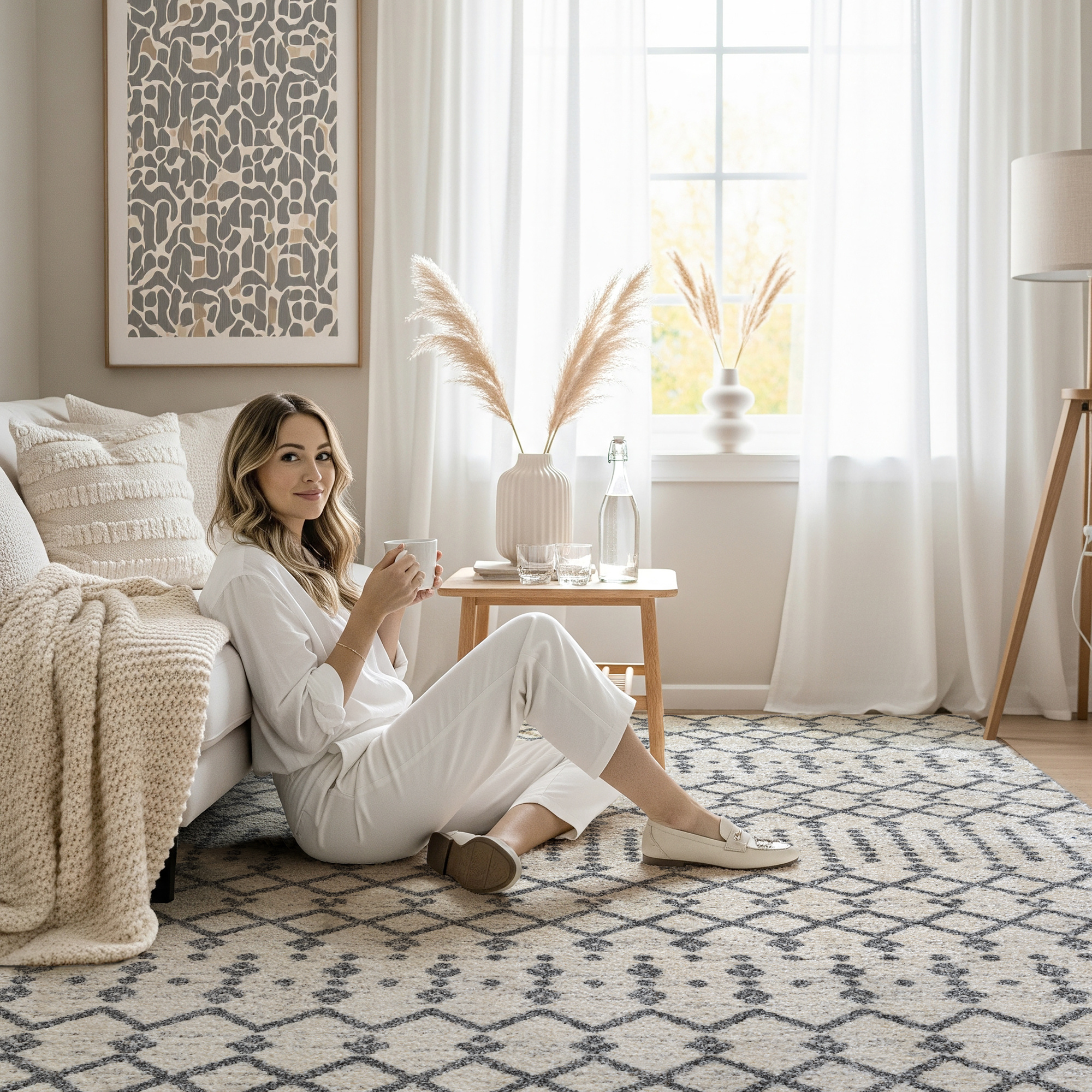 Boho Nomade | Laagpolig Vloerkleed | Modern Tapijt | Woonkamer, Slaapkamer | Creme