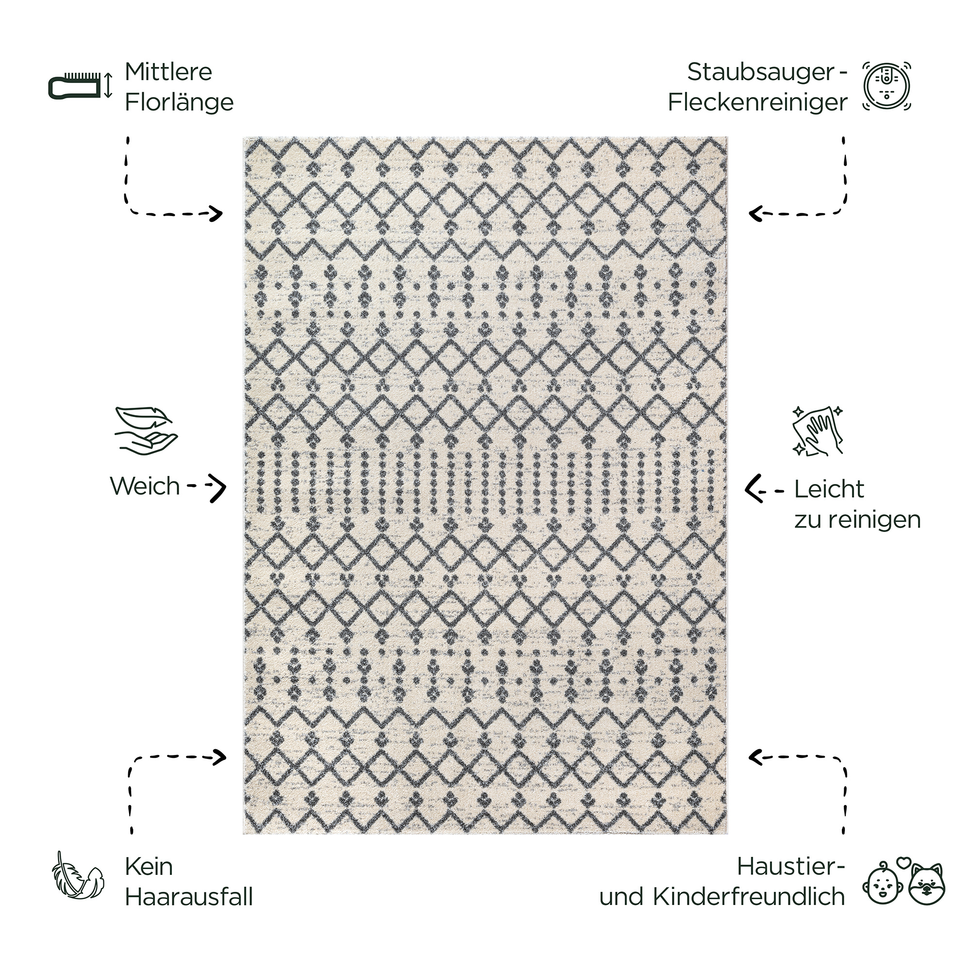 Boho Nomade | Laagpolig Vloerkleed | Modern Tapijt | Woonkamer, Slaapkamer | Creme