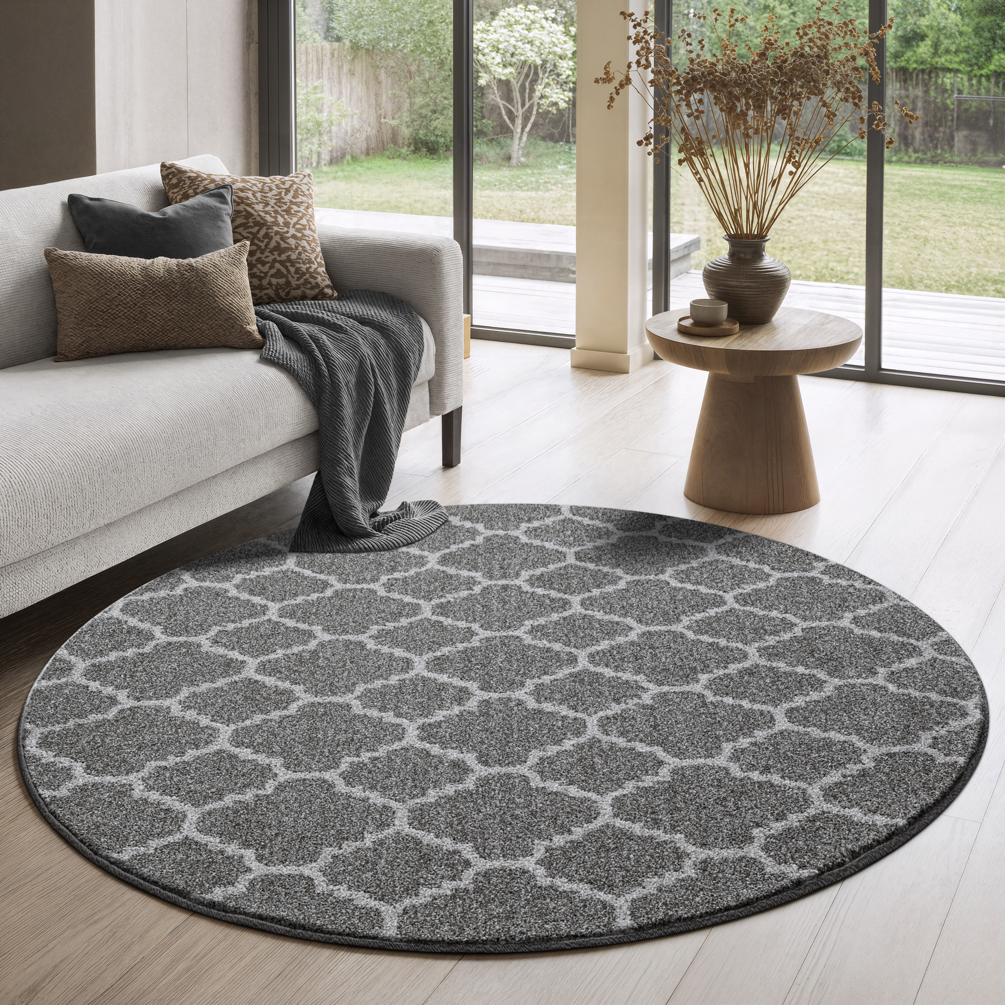 Rond Boho Klasik | Laagpolig Vloerkleed | Modern Tapijt | Woonkamer, Slaapkamer | Grijs