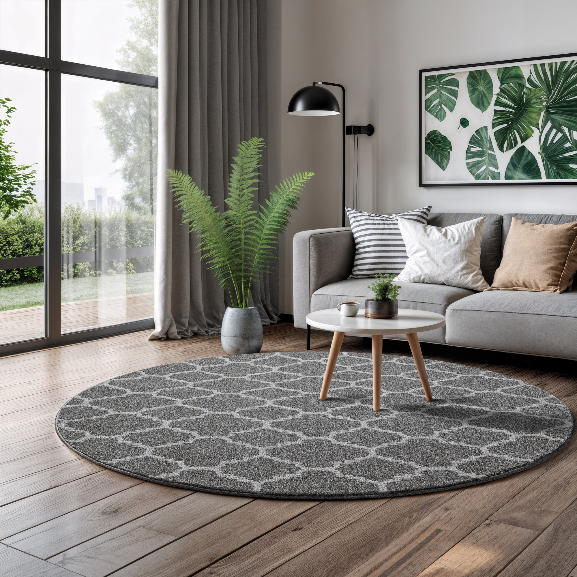 Boho Rond Klasik Laagpolig Vloerkleed Grijs
