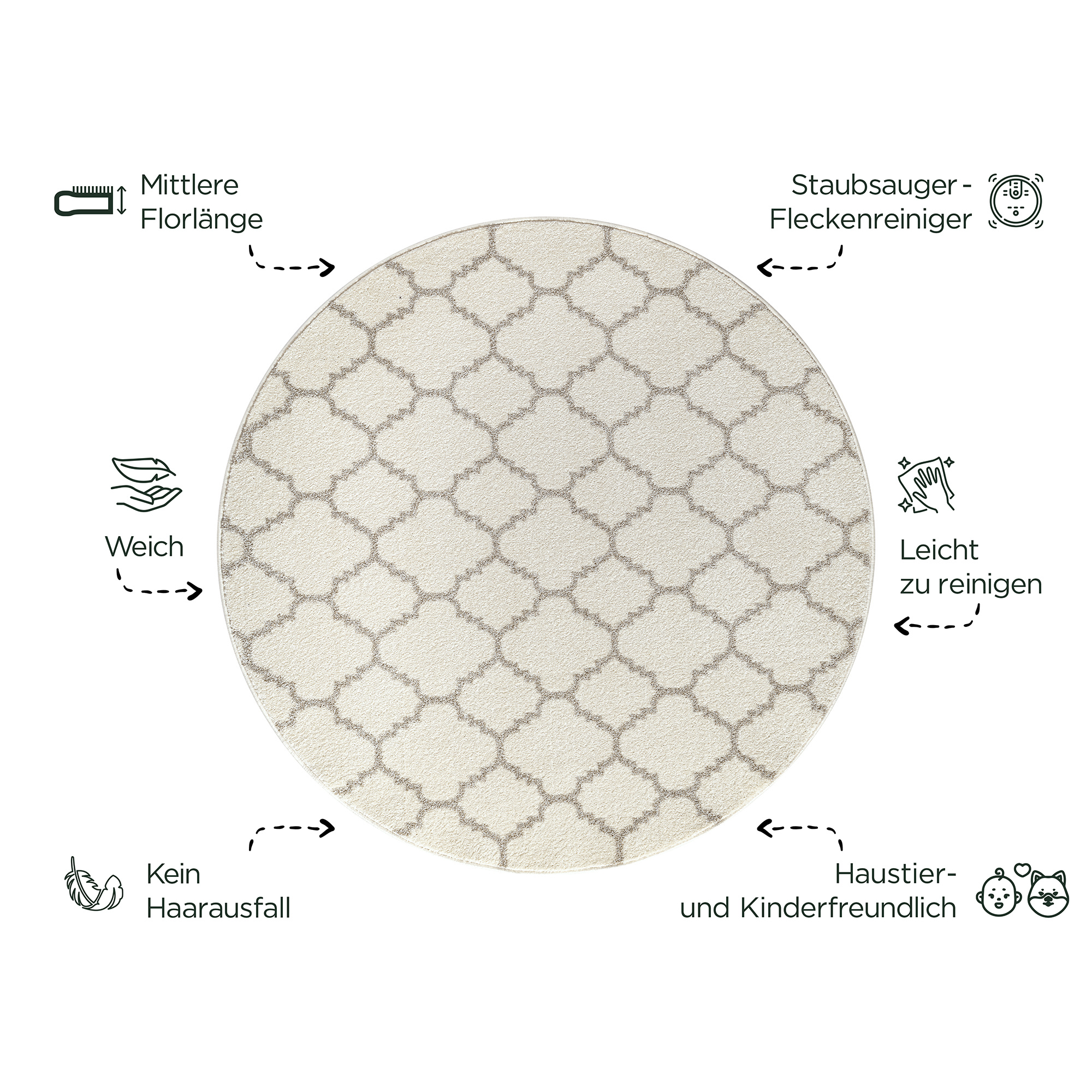 Rond Boho Klasik | Laagpolig Vloerkleed | Modern Tapijt | Woonkamer, Slaapkamer | Creme