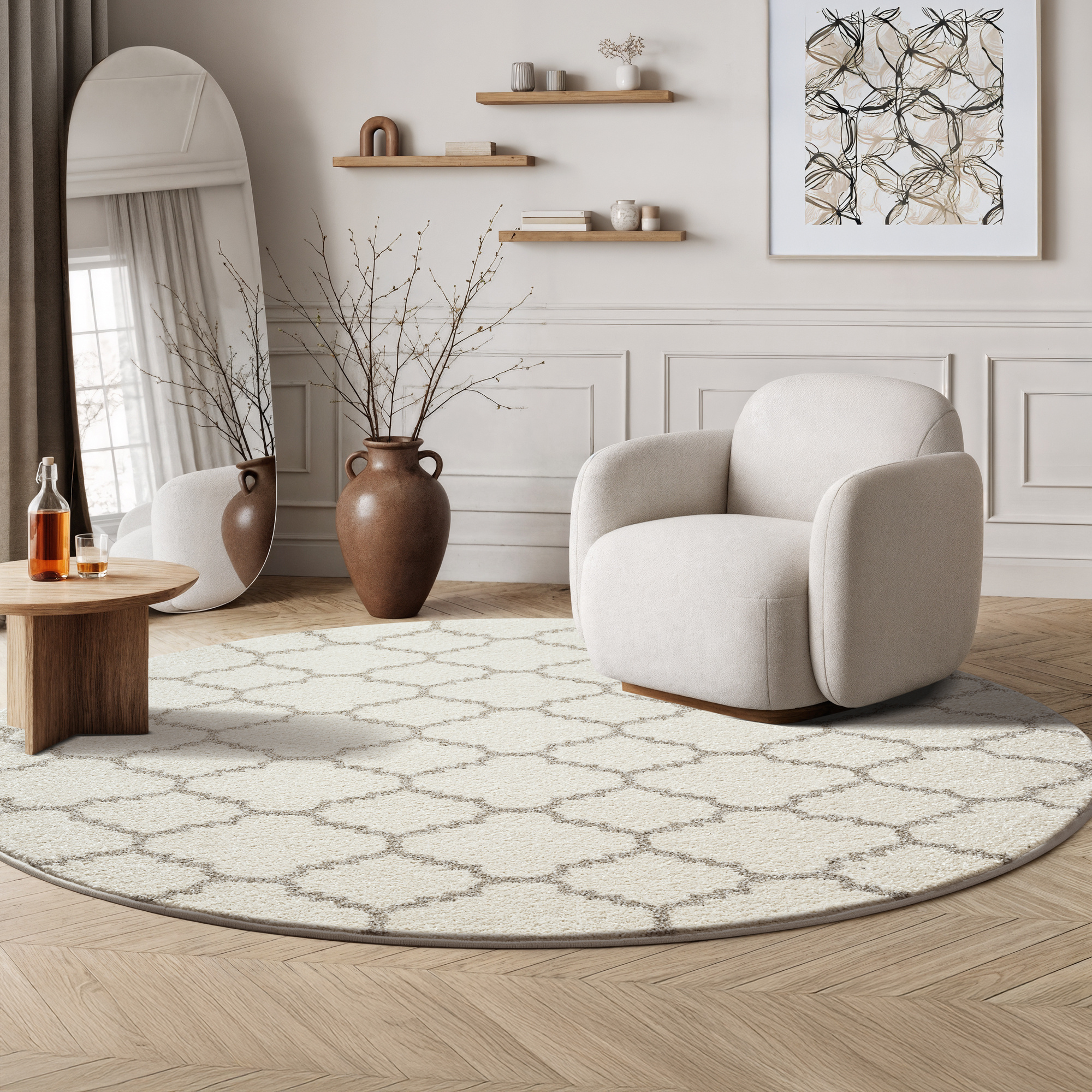 Rond Boho Klasik | Laagpolig Vloerkleed | Modern Tapijt | Woonkamer, Slaapkamer | Creme