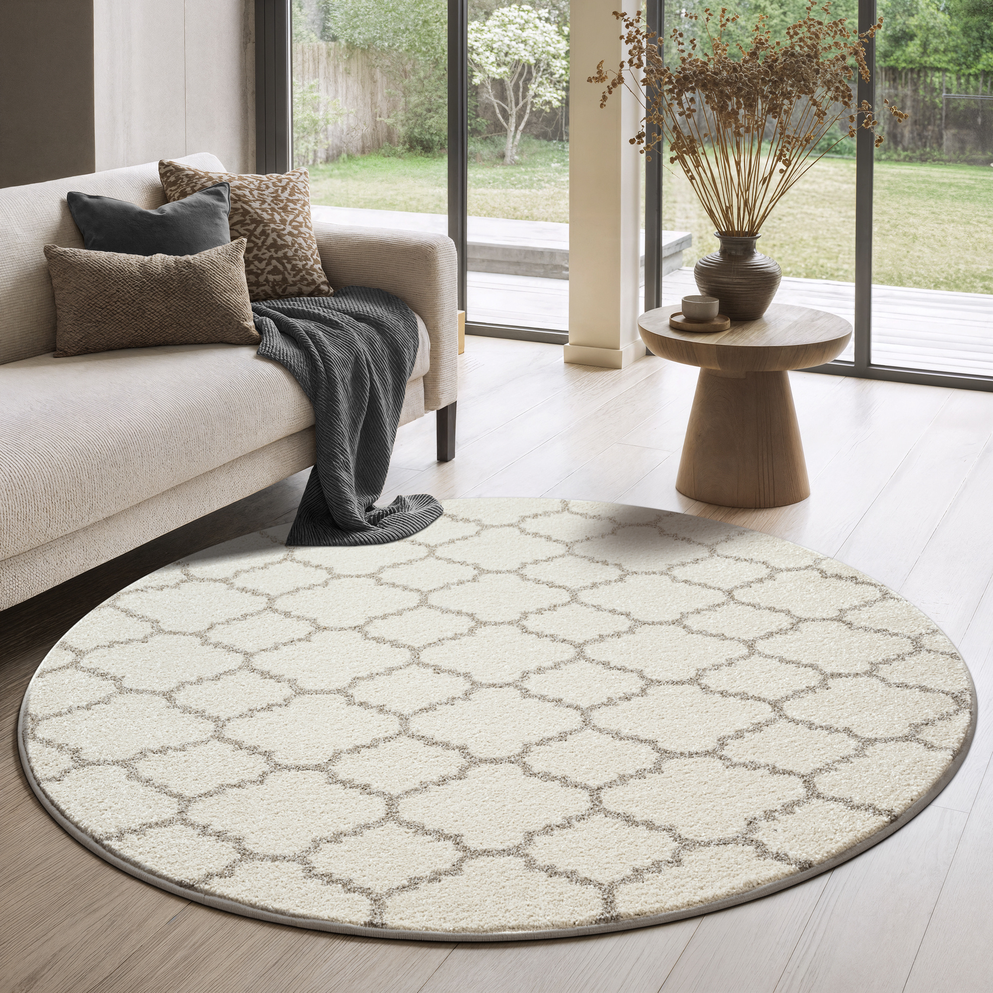 Rond Boho Klasik | Laagpolig Vloerkleed | Modern Tapijt | Woonkamer, Slaapkamer | Creme