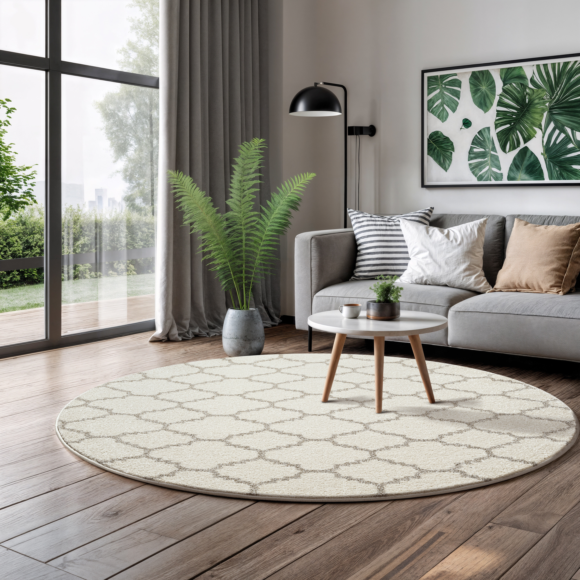 Boho Rond Klasik Laagpolig Vloerkleed Crème