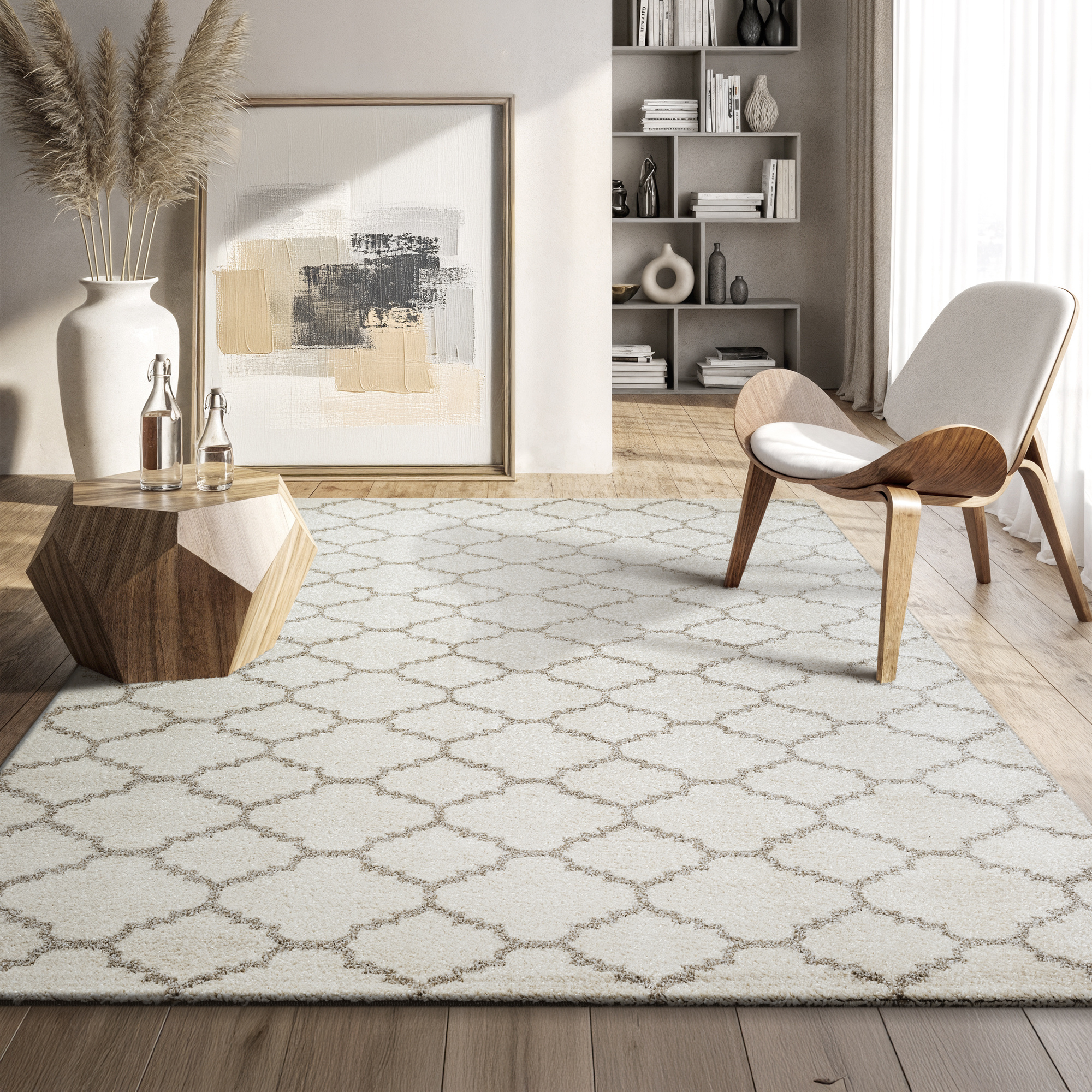 Boho Klasik | Laagpolig Vloerkleed | Modern Tapijt | Woonkamer, Slaapkamer | Creme