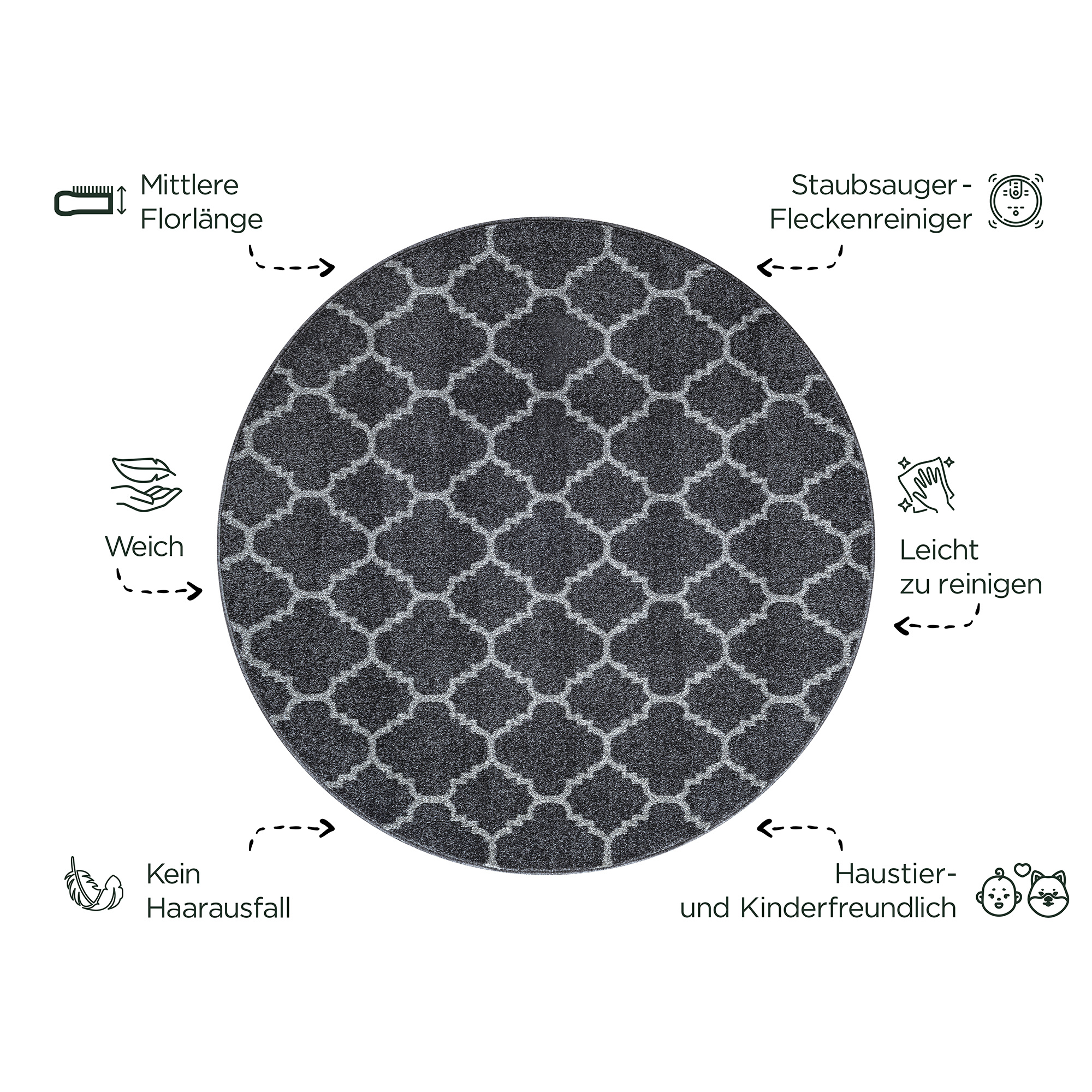 Rond Boho Klasik | Laagpolig Vloerkleed | Modern Tapijt | Woonkamer, Slaapkamer | Zwart Grijs