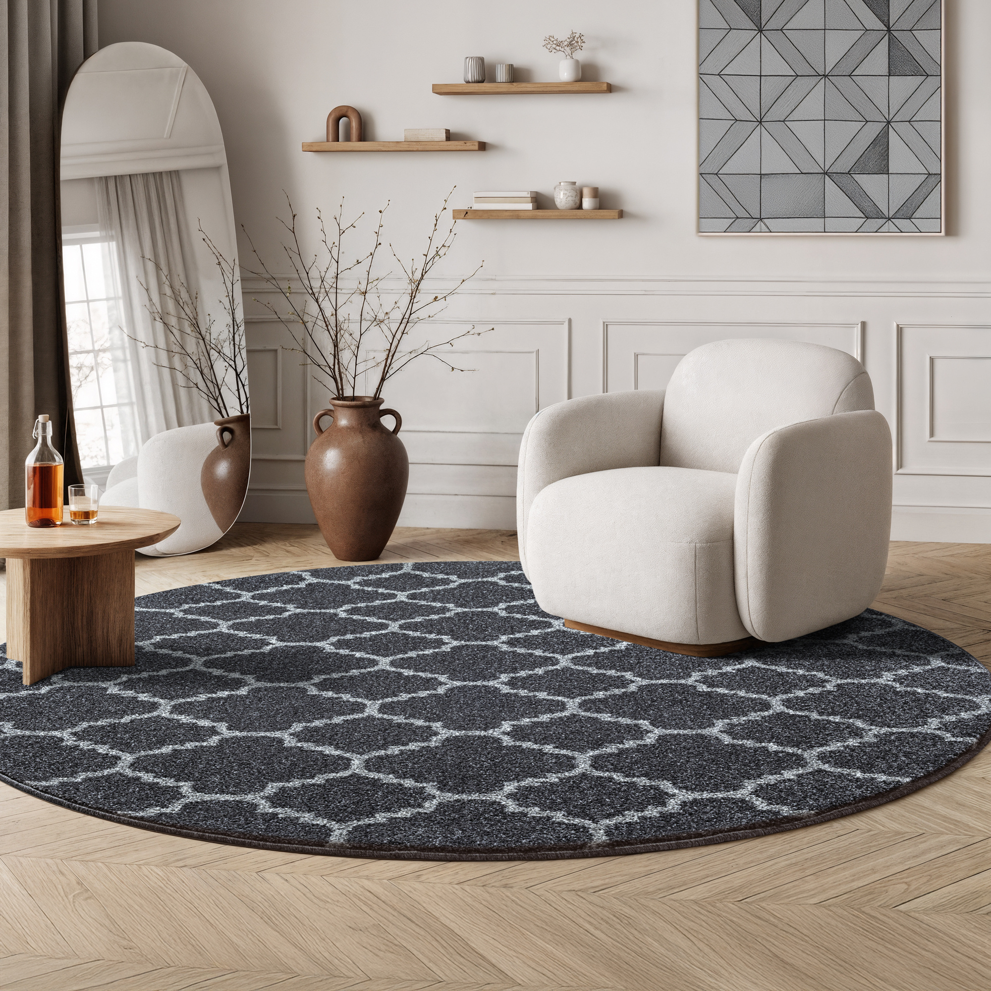 Boho Rond Klasik Laagpolig Vloerkleed Zwart/Grijs