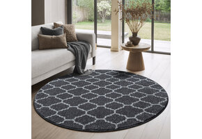 Rond Boho Klasik | Laagpolig Vloerkleed | Modern Tapijt | Woonkamer, Slaapkamer | Zwart Grijs