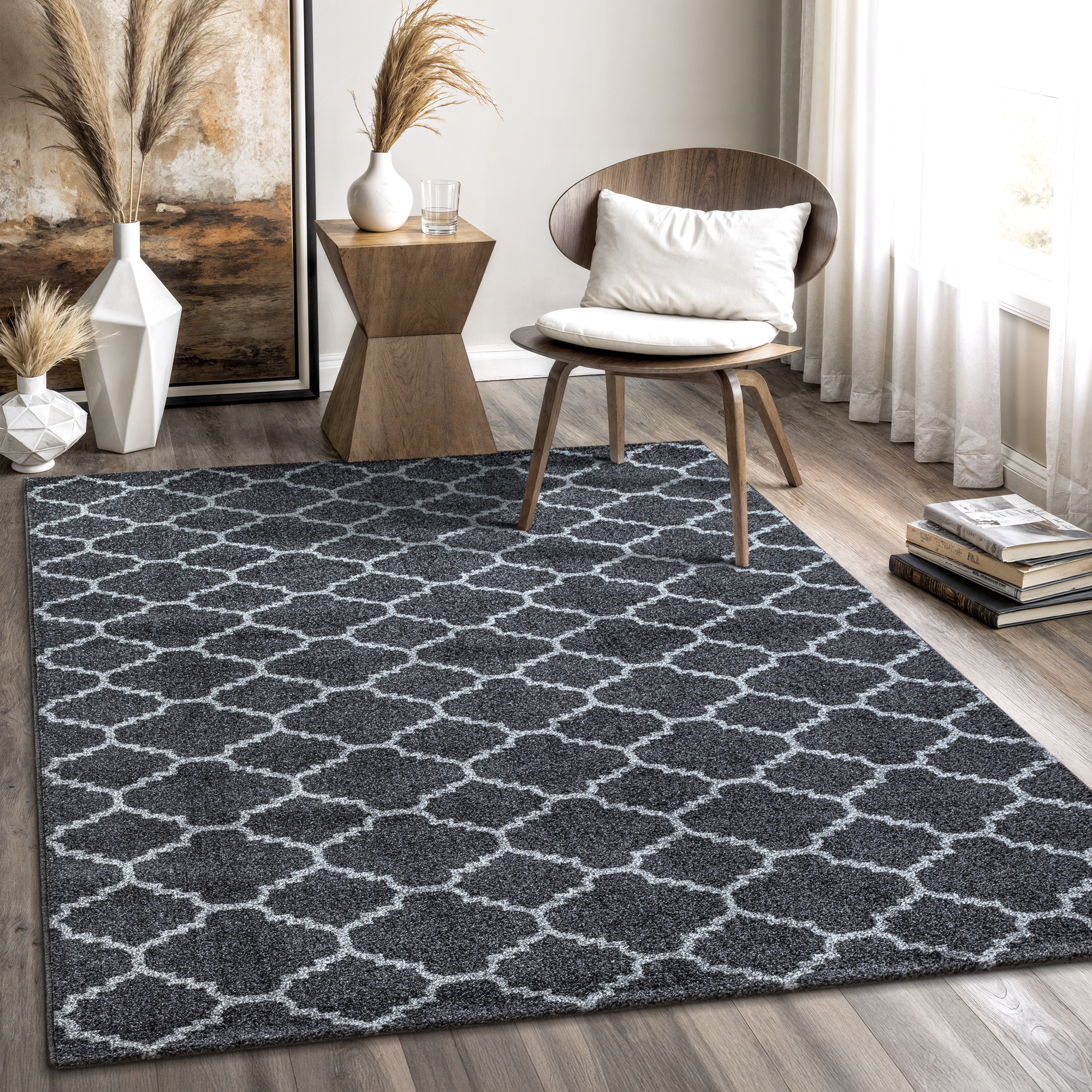 Boho Klasik | Laagpolig Vloerkleed | Modern Tapijt | Woonkamer, Slaapkamer | Zwart Grijs