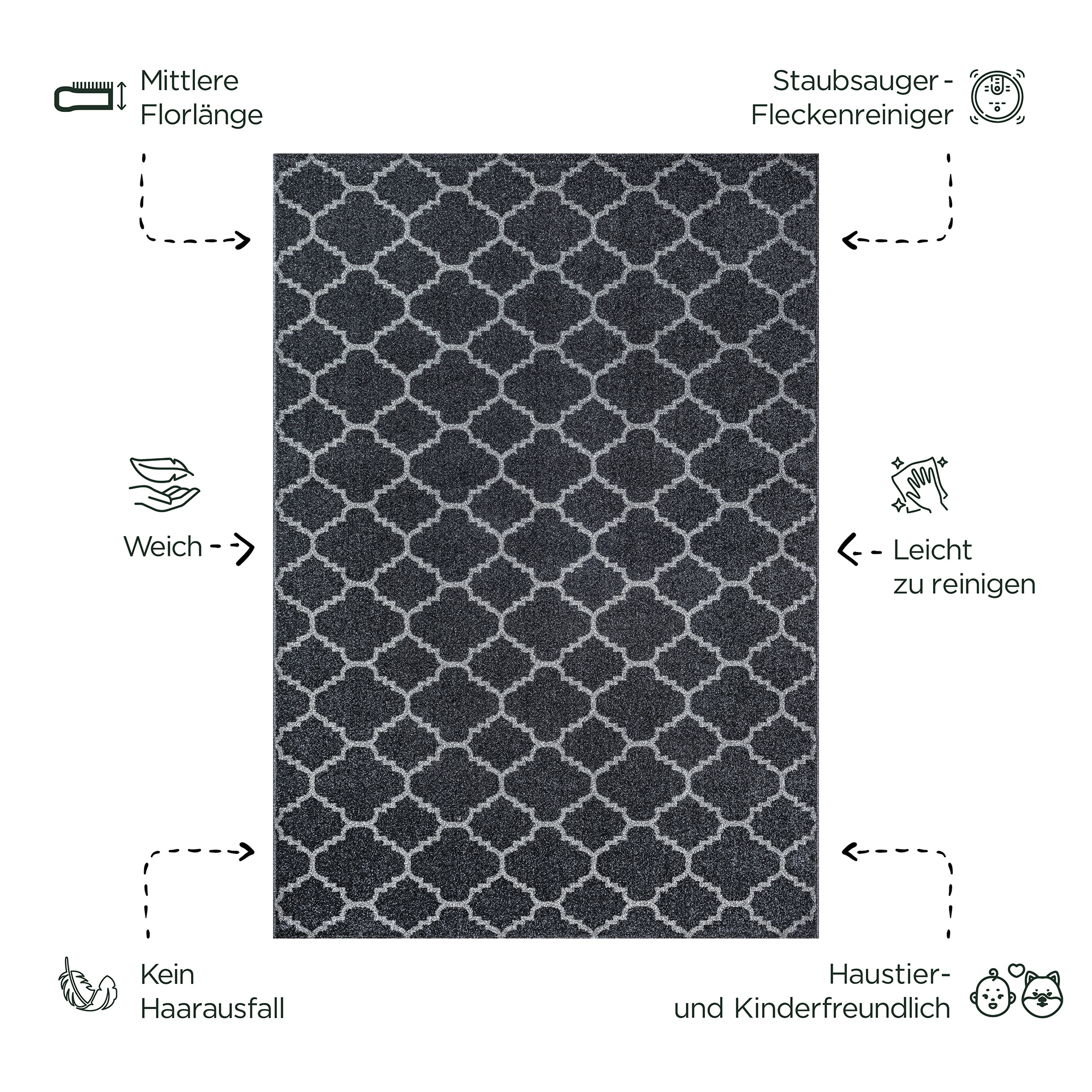 Boho Klasik | Laagpolig Vloerkleed | Modern Tapijt | Woonkamer, Slaapkamer | Zwart Grijs