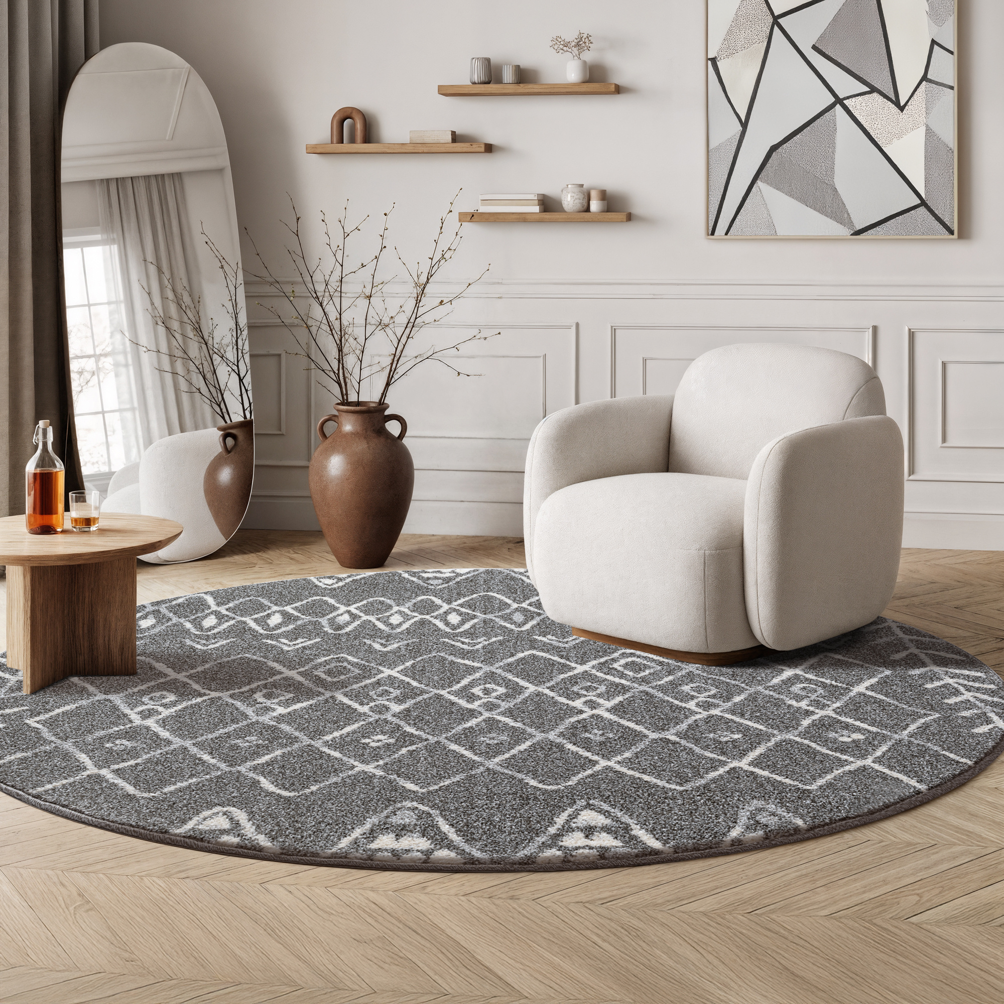 Boho Rond Vintage Laagpolig Vloerkleed Grijs