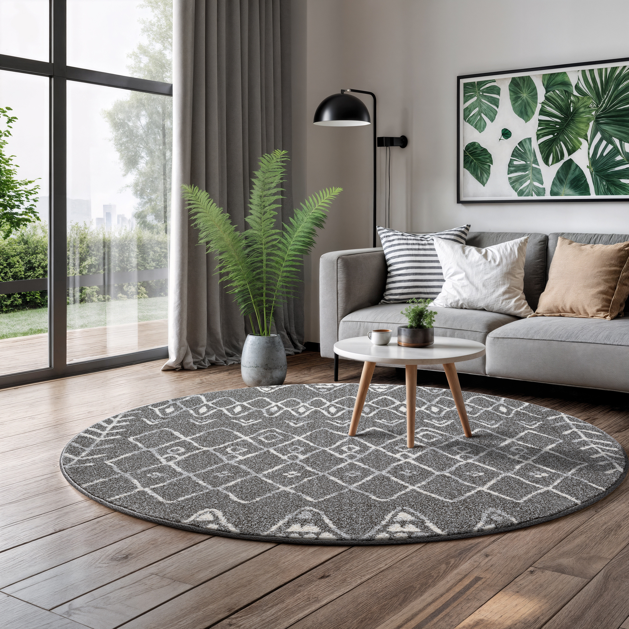 Rond Boho Vintage | Laagpolig Vloerkleed | Modern Tapijt | Woonkamer, Slaapkamer | Grijs