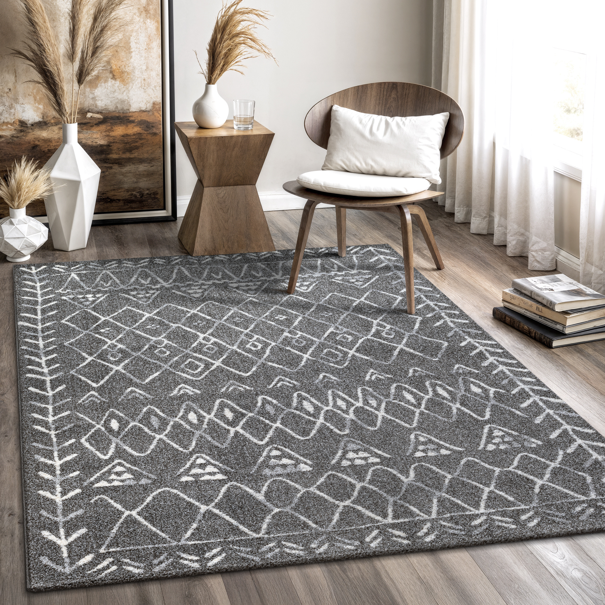 Boho Vintage | Laagpolig Vloerkleed | Modern Tapijt | Woonkamer, Slaapkamer | Grijs