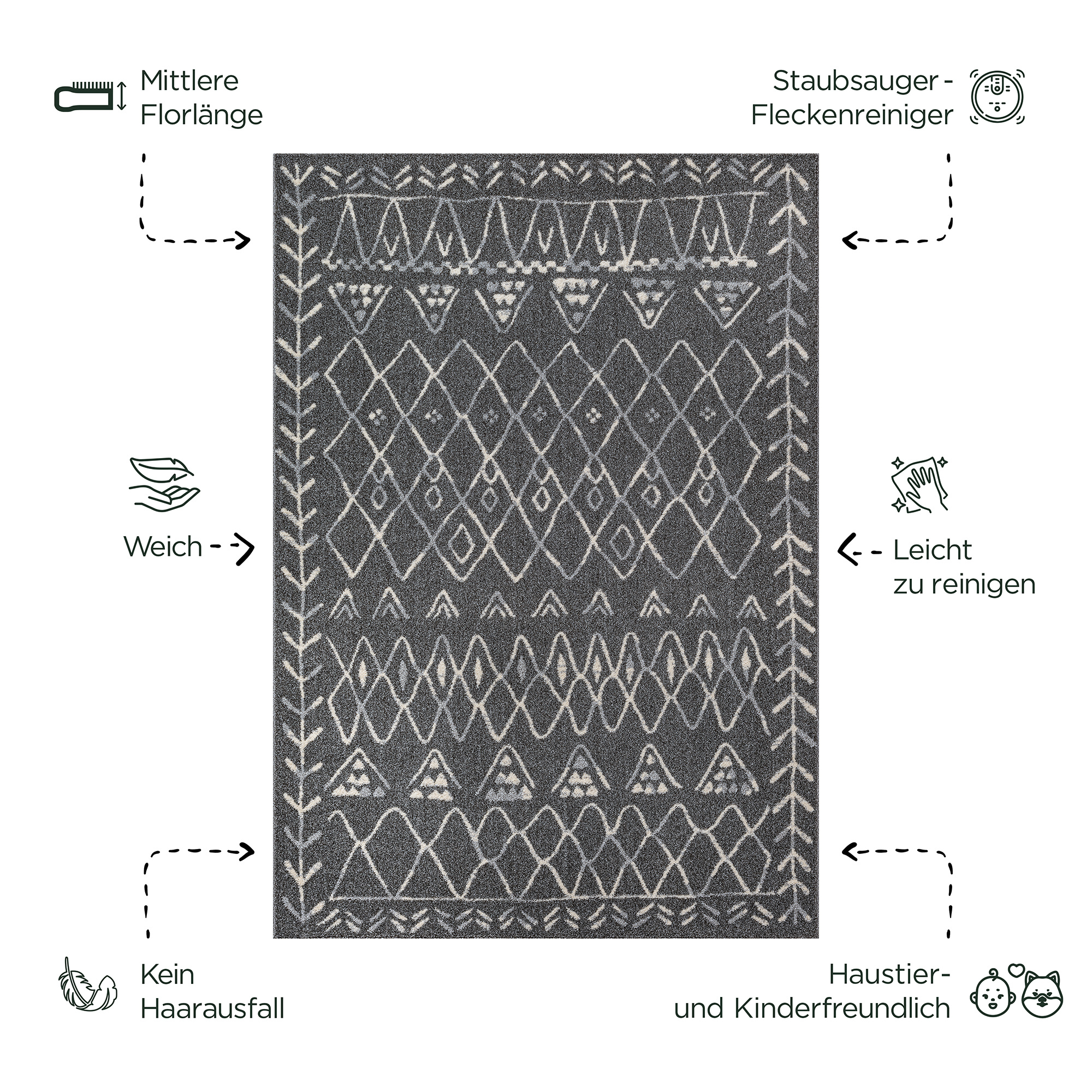 Boho Vintage | Laagpolig Vloerkleed | Modern Tapijt | Woonkamer, Slaapkamer | Grijs