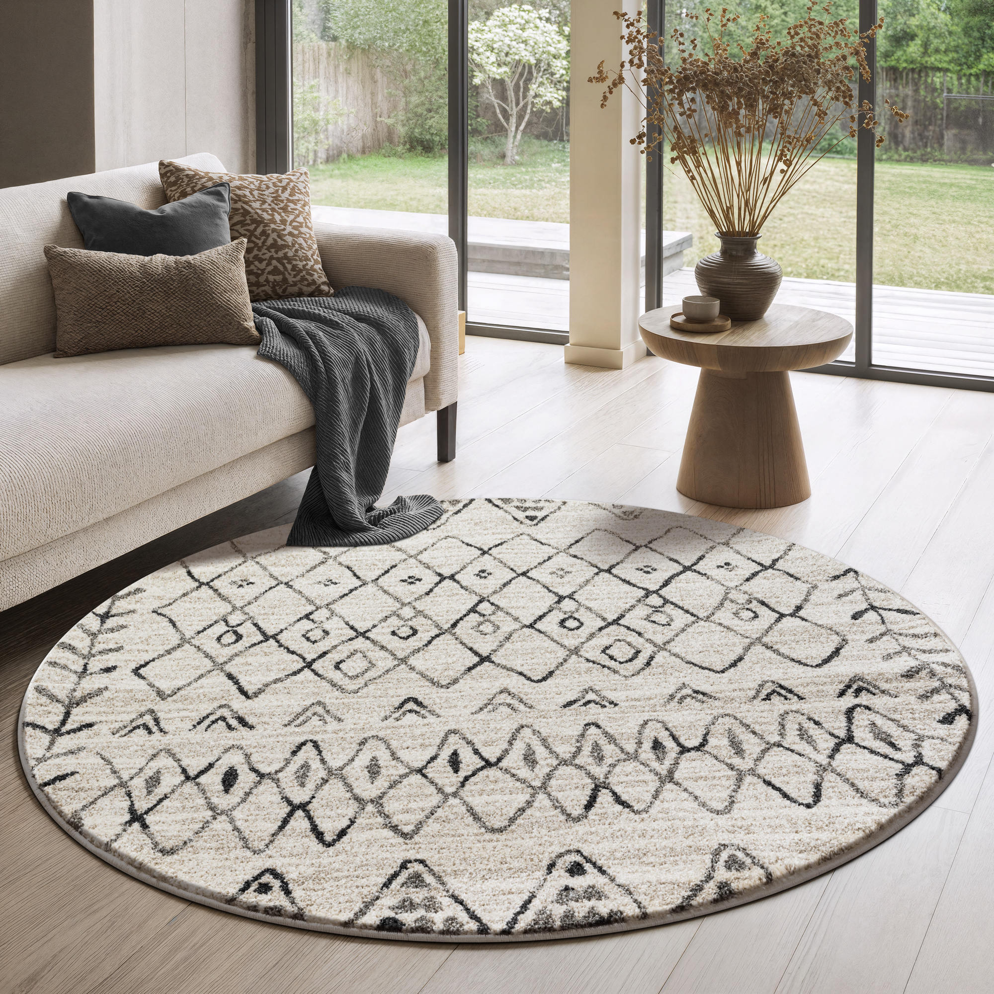 Boho Rond Vintage Laagpolig Vloerkleed Crème