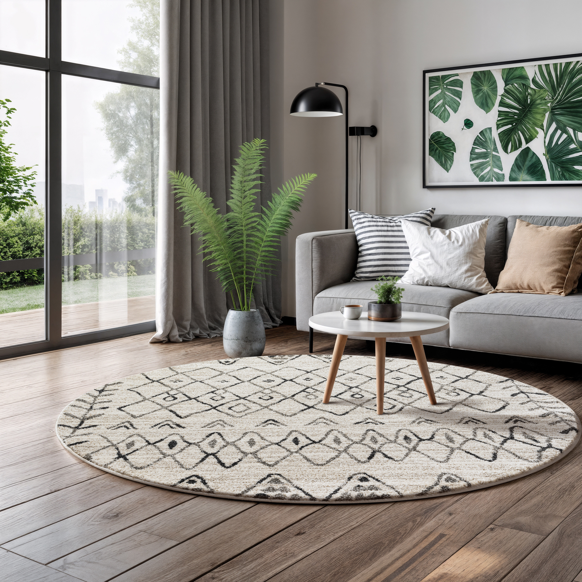 Boho Rond Vintage Laagpolig Vloerkleed Crème