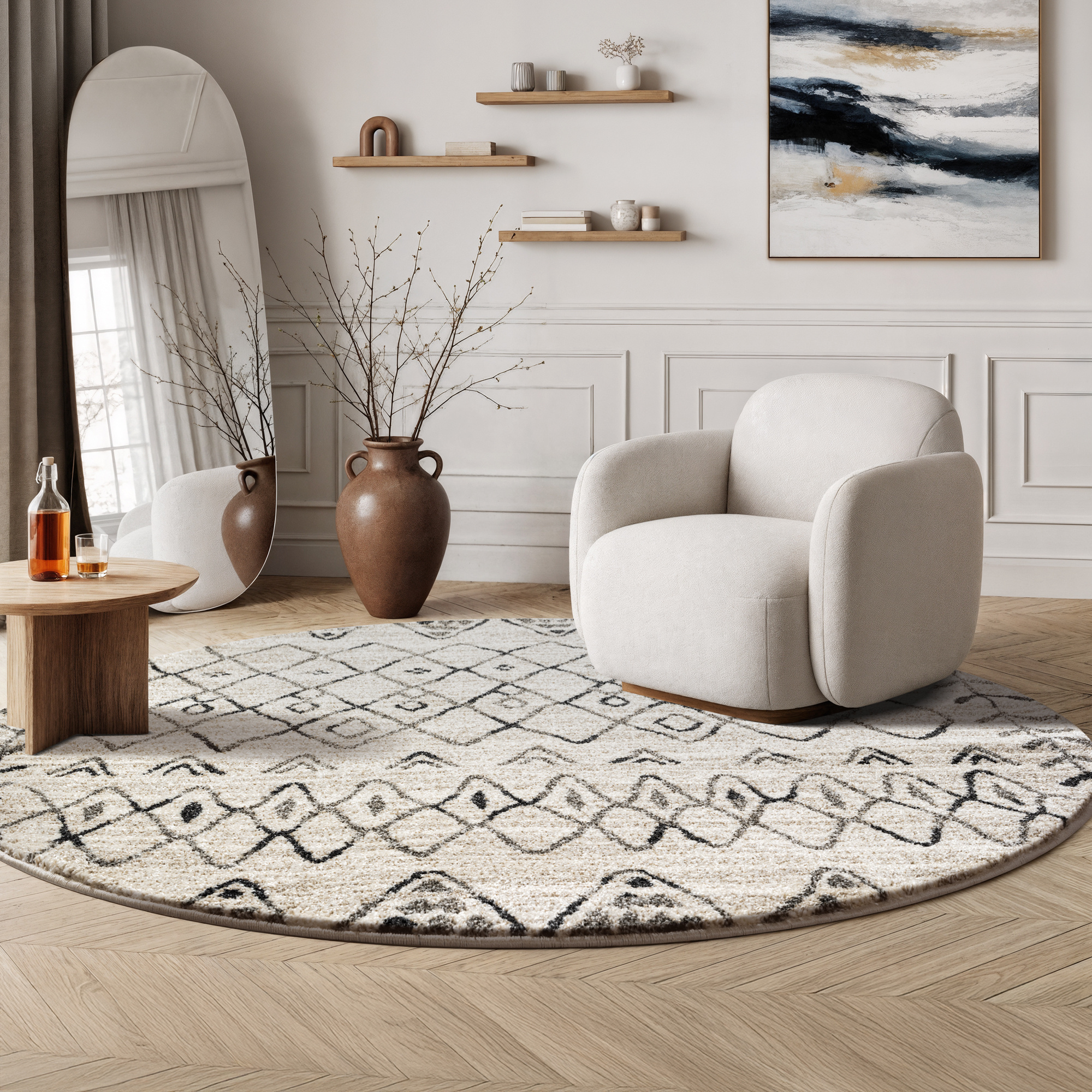 Rond Boho Vintage | Laagpolig Vloerkleed | Modern Tapijt | Woonkamer, Slaapkamer | Creme