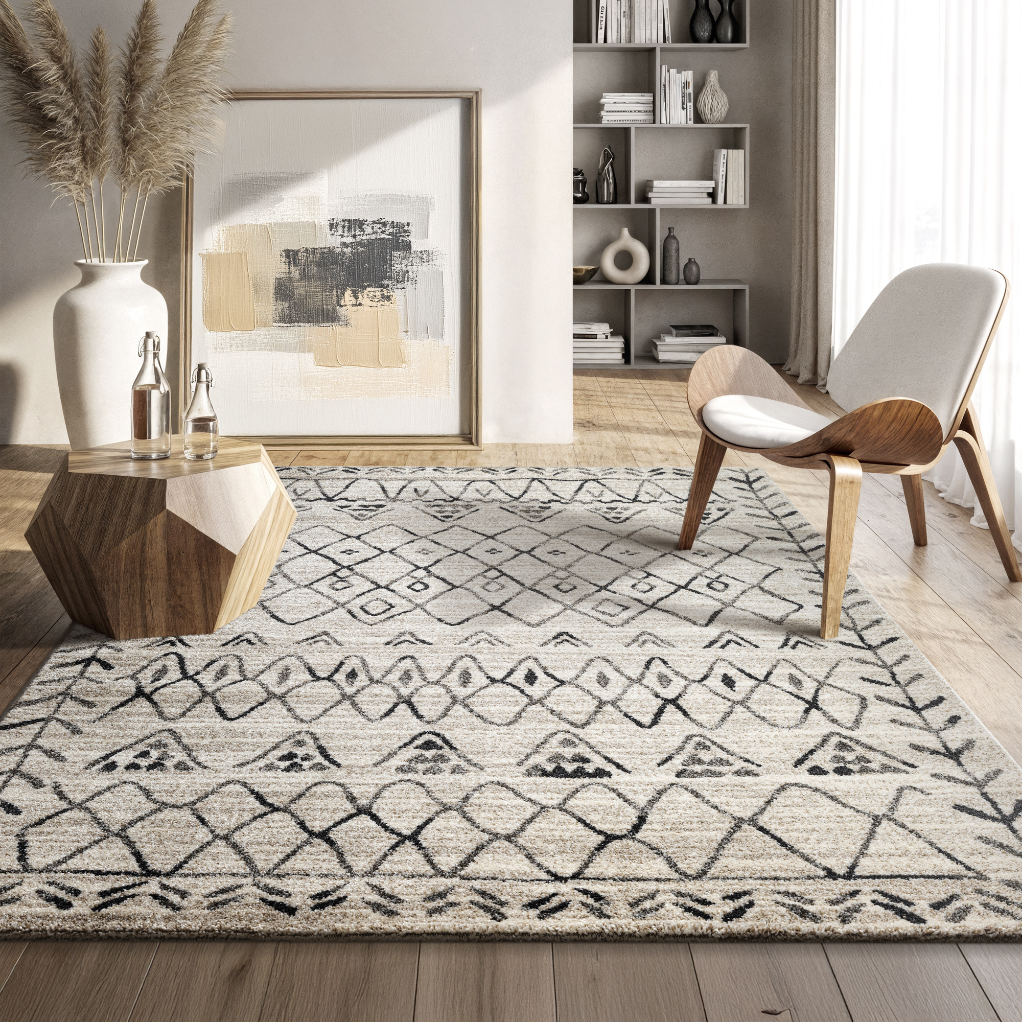 Boho Vintage Laagpolig Vloerkleed Crème