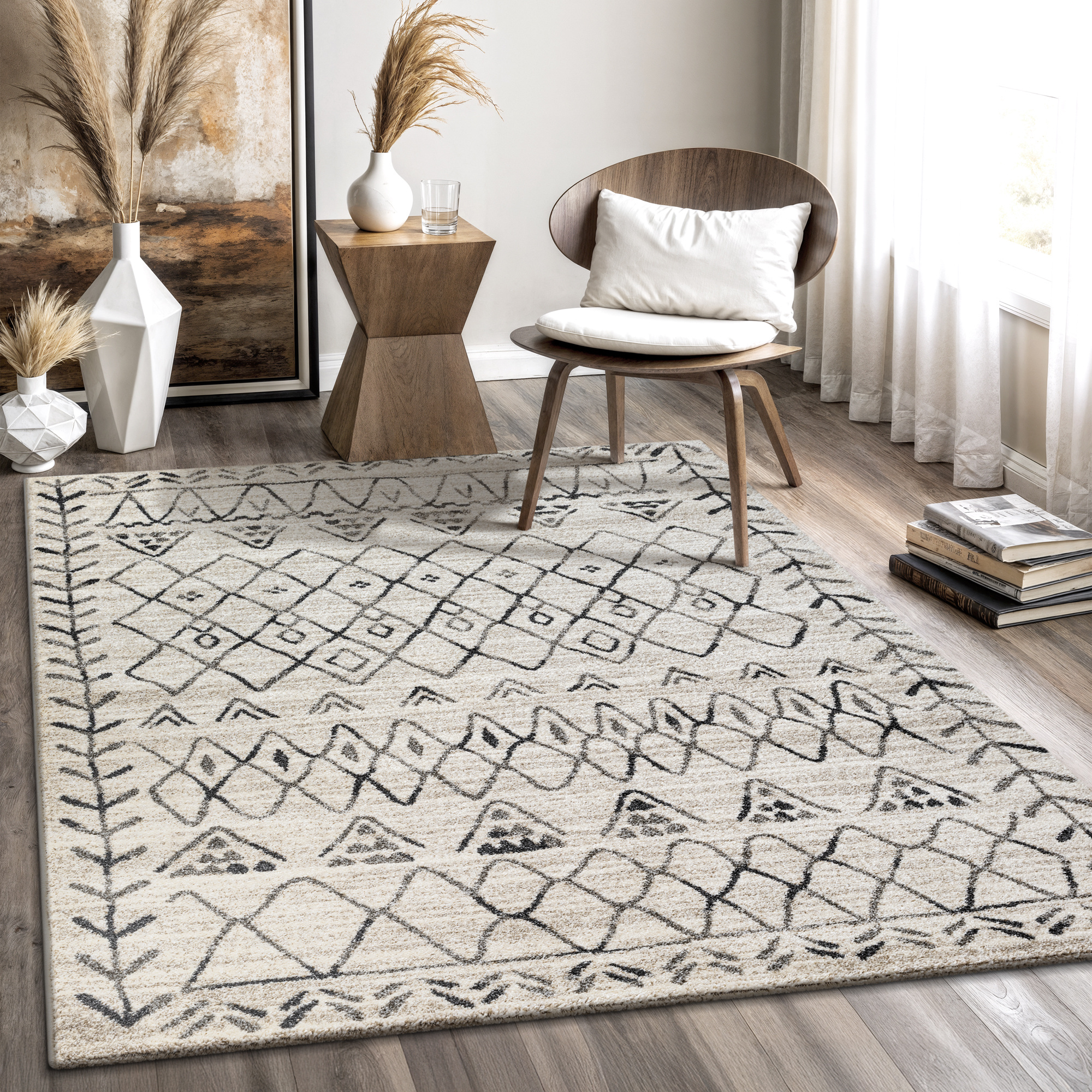 Boho Vintage Laagpolig Vloerkleed Crème