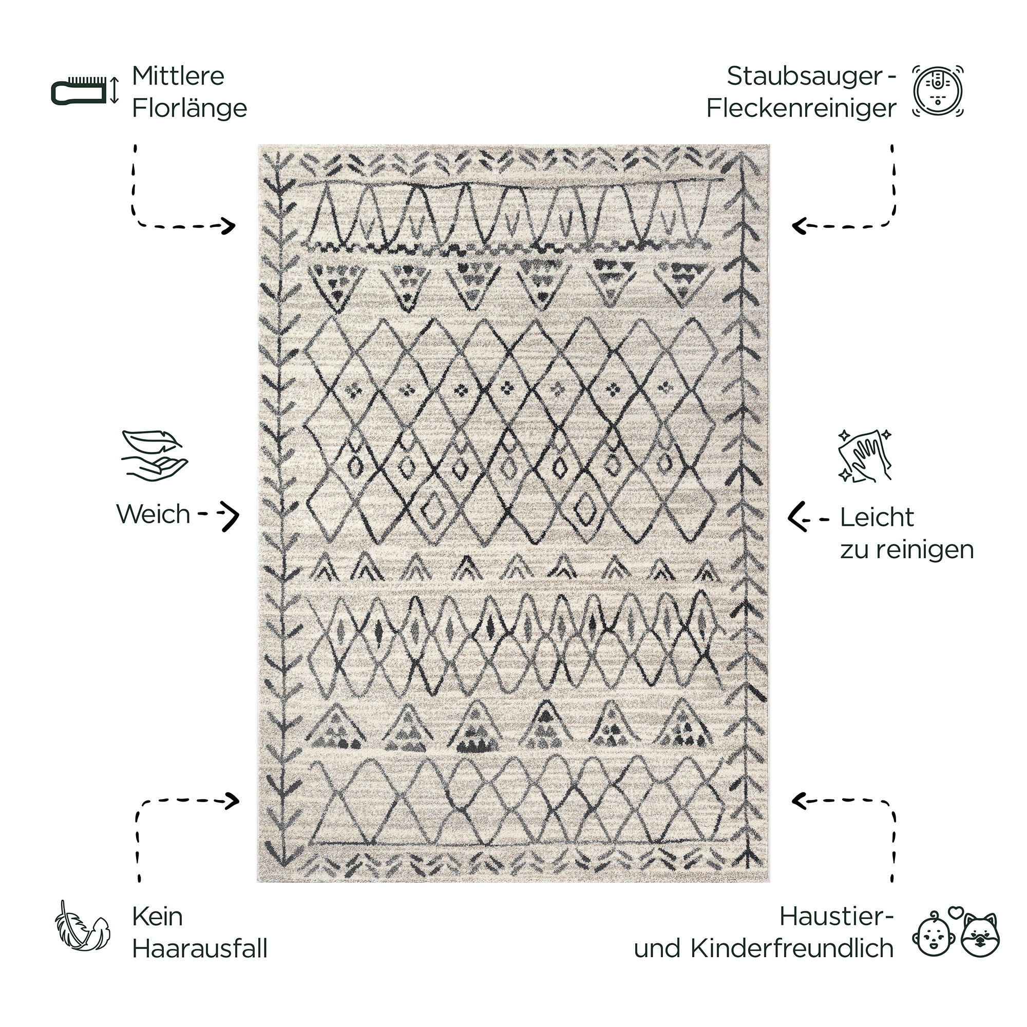Boho Vintage Laagpolig Vloerkleed Crème