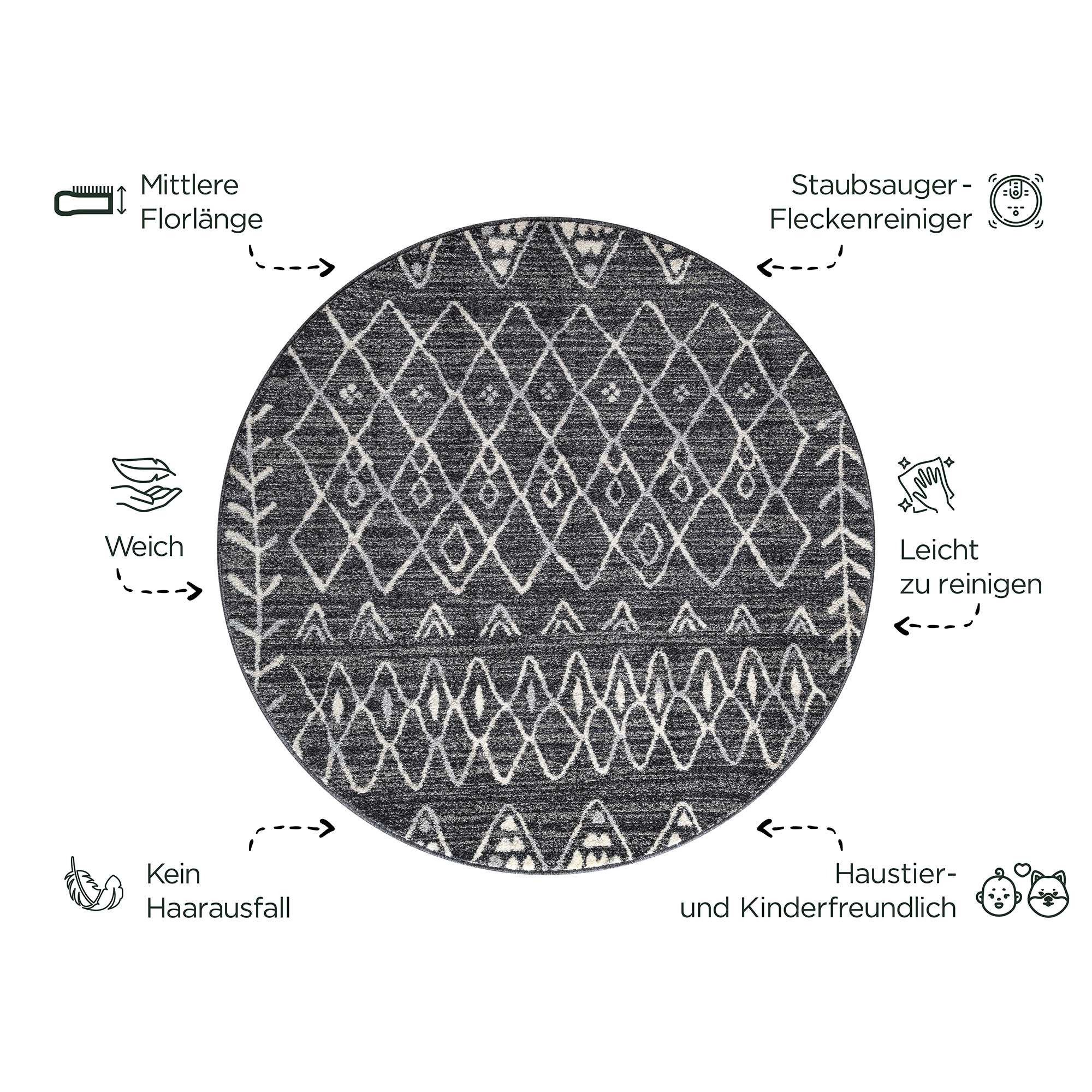 Boho Rond Vintage Laagpolig Vloerkleed Zwart/Grijs