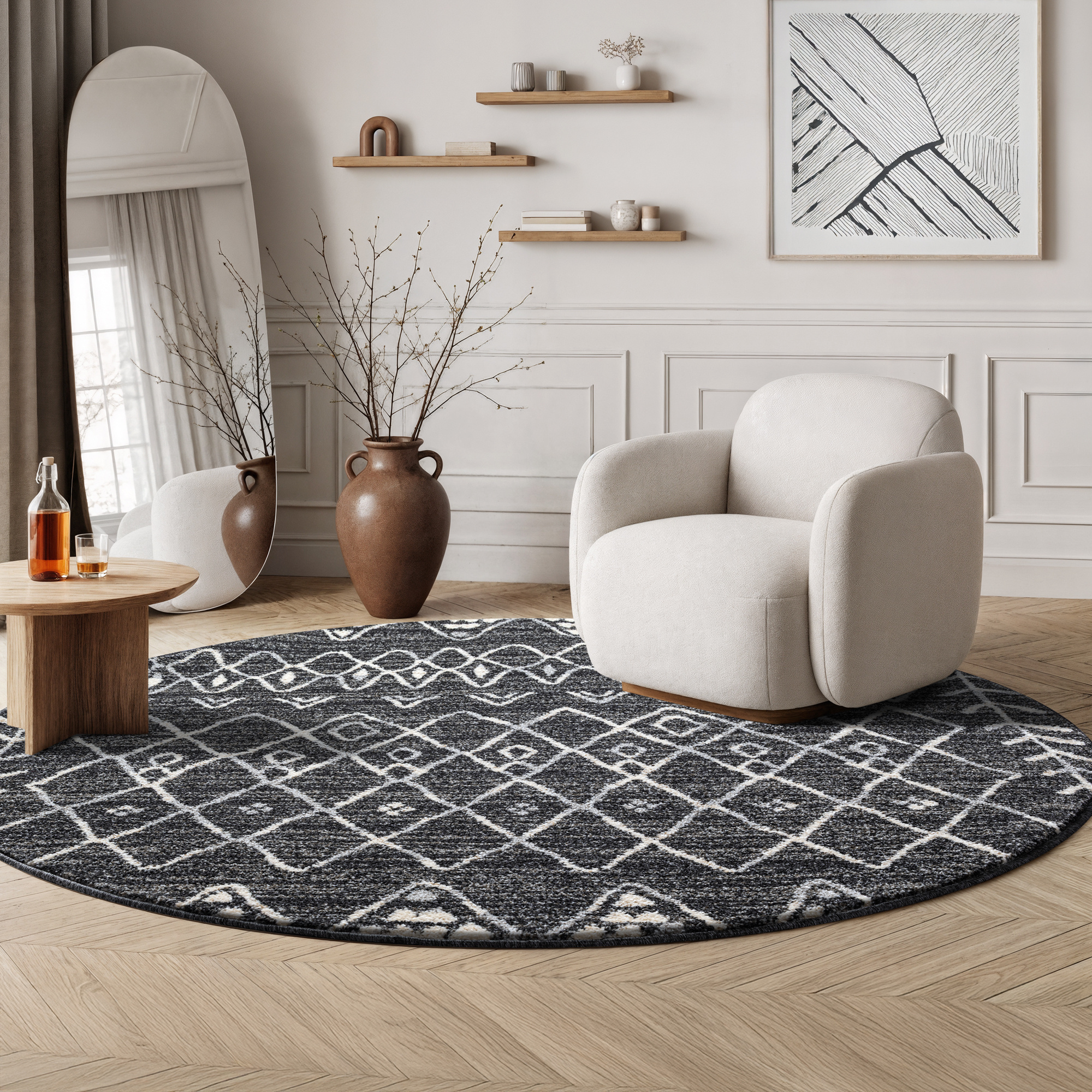 Boho Rond Vintage Laagpolig Vloerkleed Zwart/Grijs