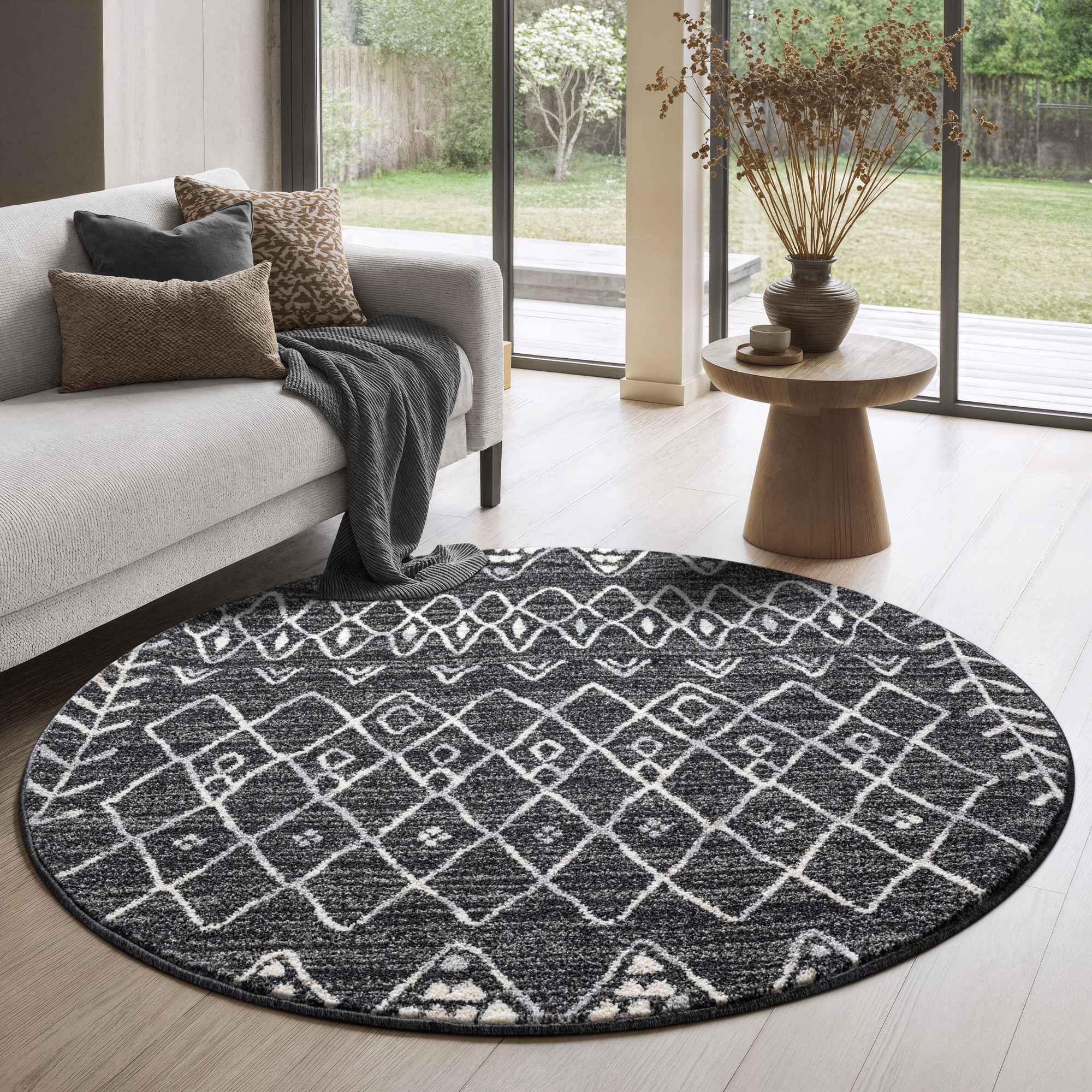Boho Rond Vintage Laagpolig Vloerkleed Zwart/Grijs