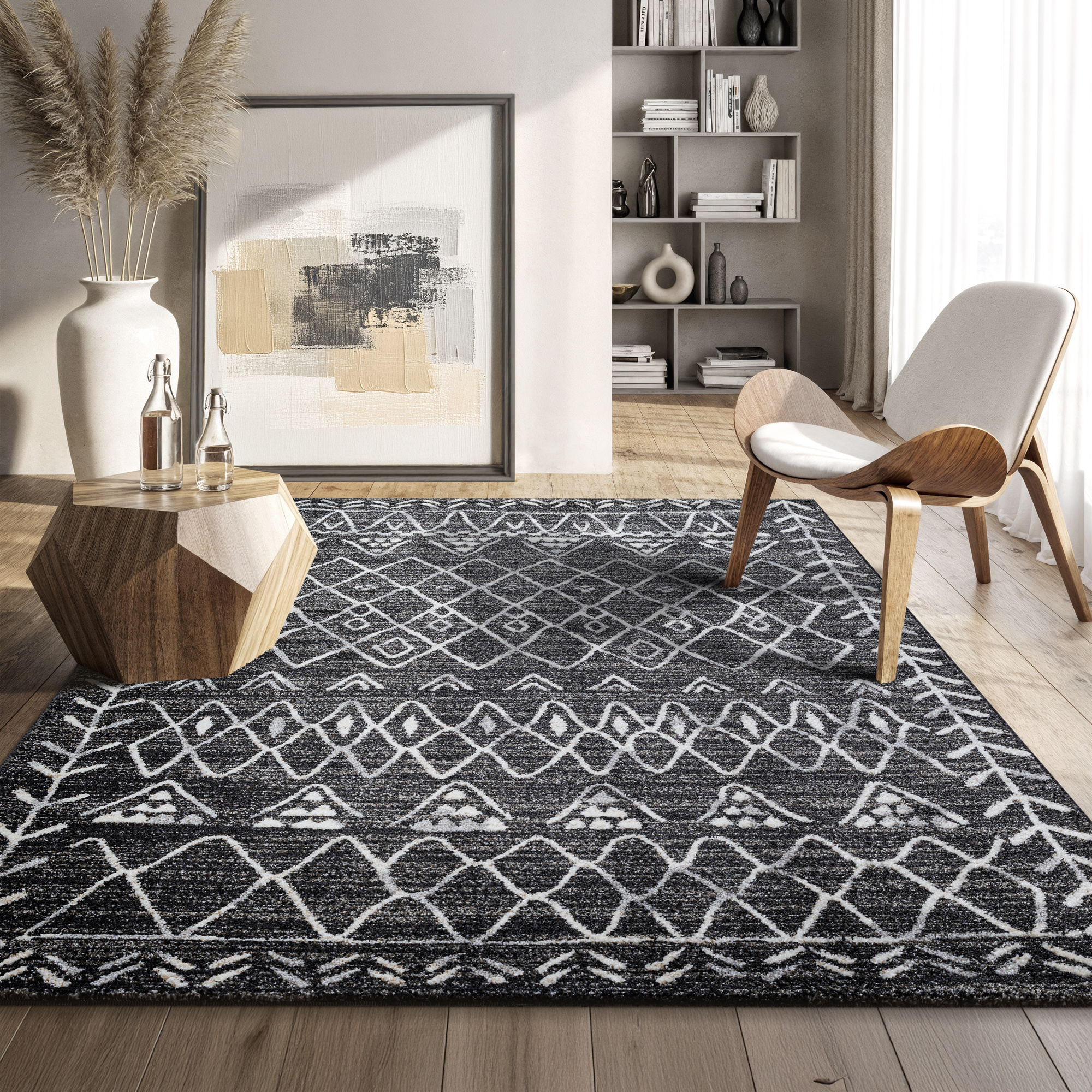 Boho Vintage | Laagpolig Vloerkleed | Modern Tapijt | Woonkamer, Slaapkamer | Zwart Grijs