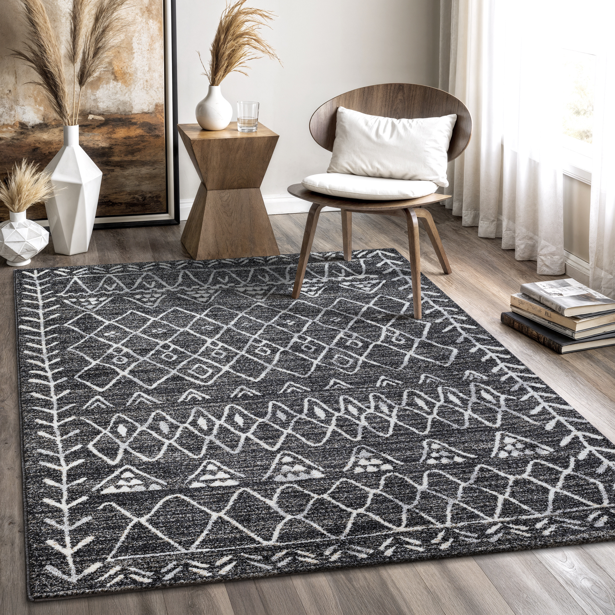 Boho Vintage Laagpolig Vloerkleed Zwart/Grijs