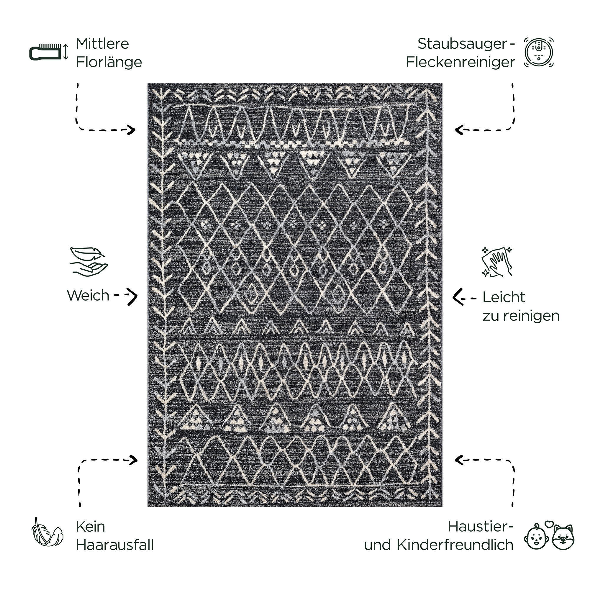 Boho Vintage | Laagpolig Vloerkleed | Modern Tapijt | Woonkamer, Slaapkamer | Zwart Grijs