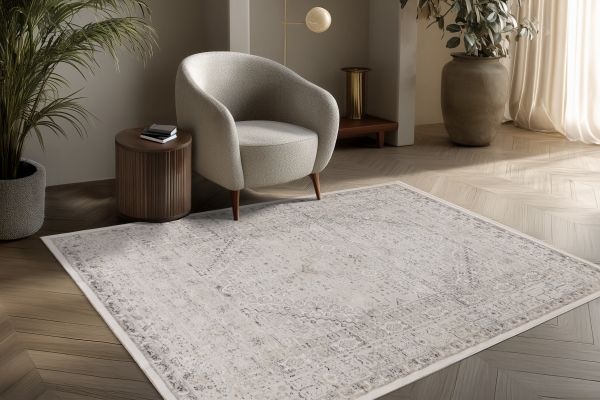 Vintage Vista – Luxe Vloerkleed - Klassiek - Creme Zilver - Laagpolig