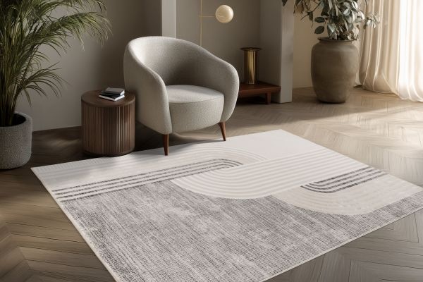 Vintage Japandi Vista – Luxe Vloerkleed - Creme Zilver - Laagpolig