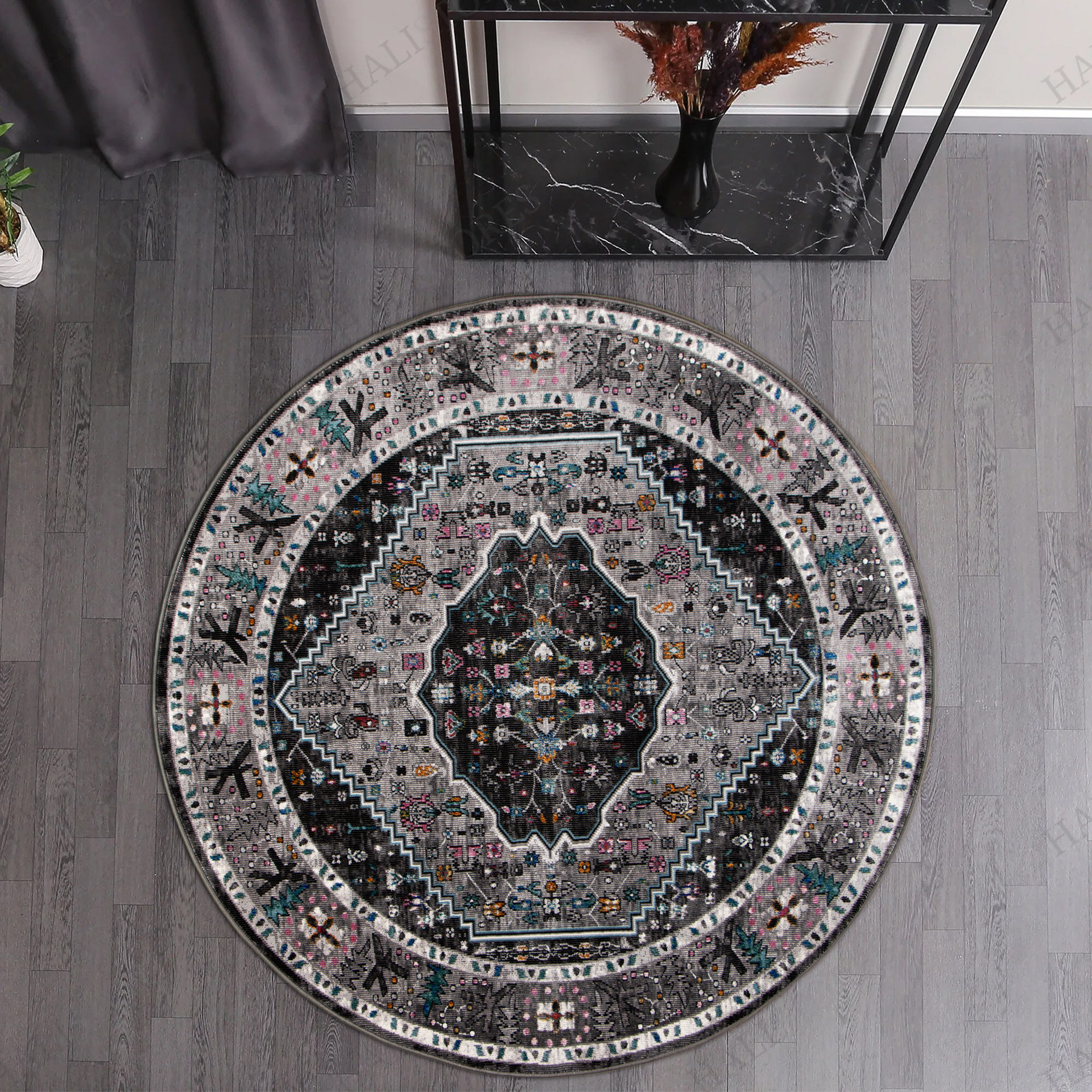 Picasso Paloma Rond Vintage Vloerkleed - Grijs - Laagpolig