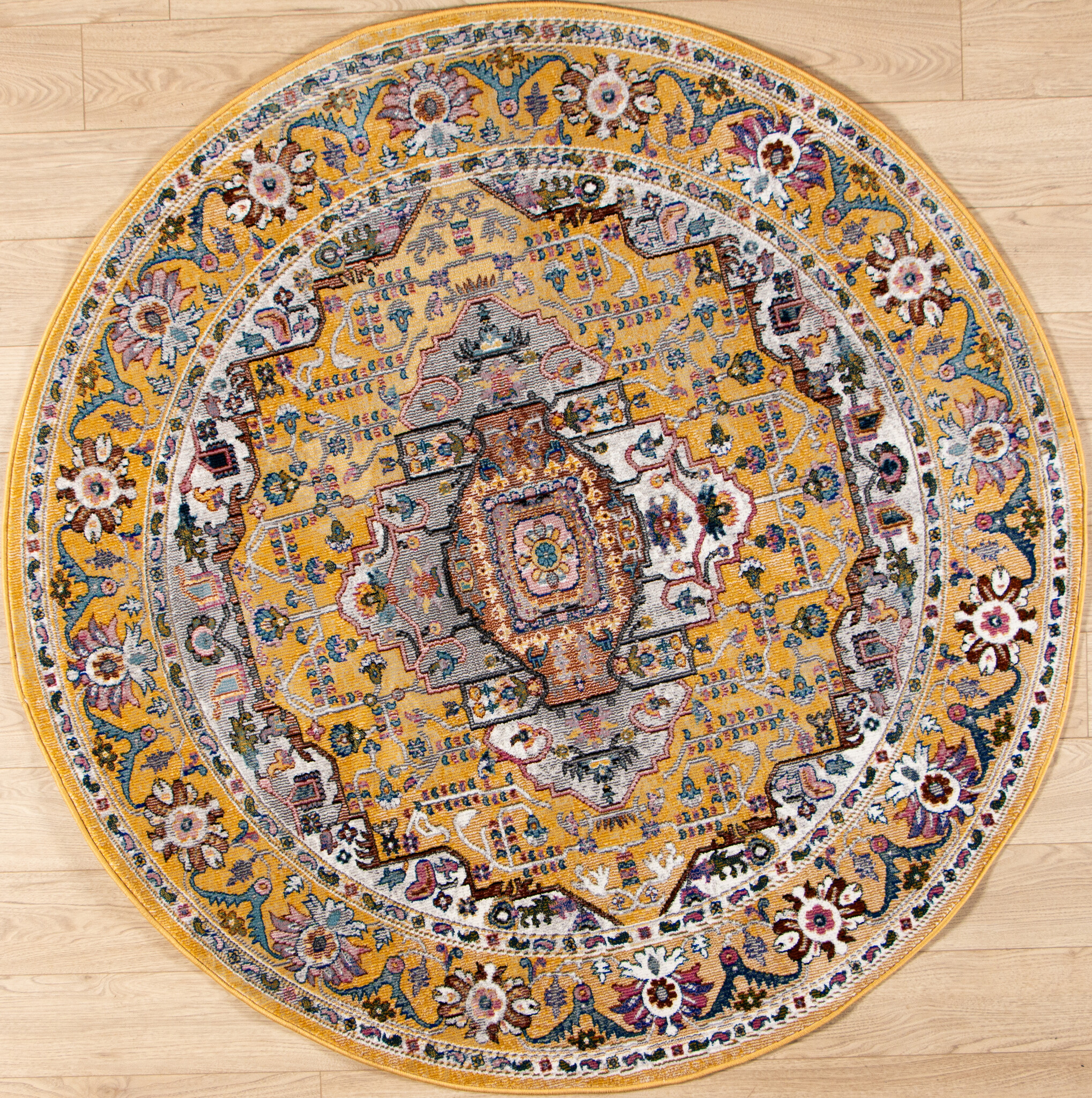 Picasso Sedona Rond Vintage Vloerkleed - Multi / Geel - Laagpolig