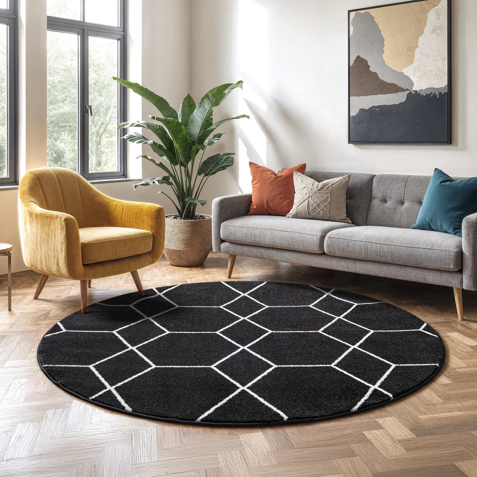 Trellis Uni Rond Laagpolig Vloerkleed Zwart