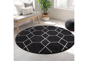 Trellis Uni Rond Effen Laagpolig Vloerkleed Modern Zwart