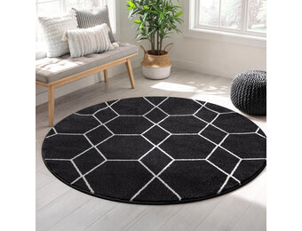 Trellis Uni Rond Effen Laagpolig Vloerkleed Modern Zwart
