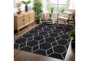 Trellis Uni Effen Laagpolig Vloerkleed Modern Zwart