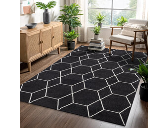 Trellis Uni Effen Laagpolig Vloerkleed Modern Zwart