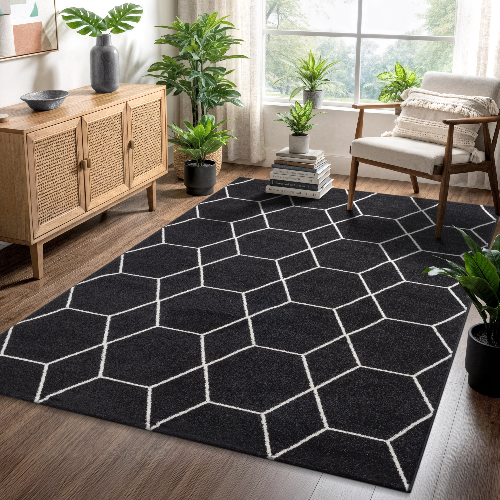 Trellis Uni Effen Laagpolig Vloerkleed Modern Zwart