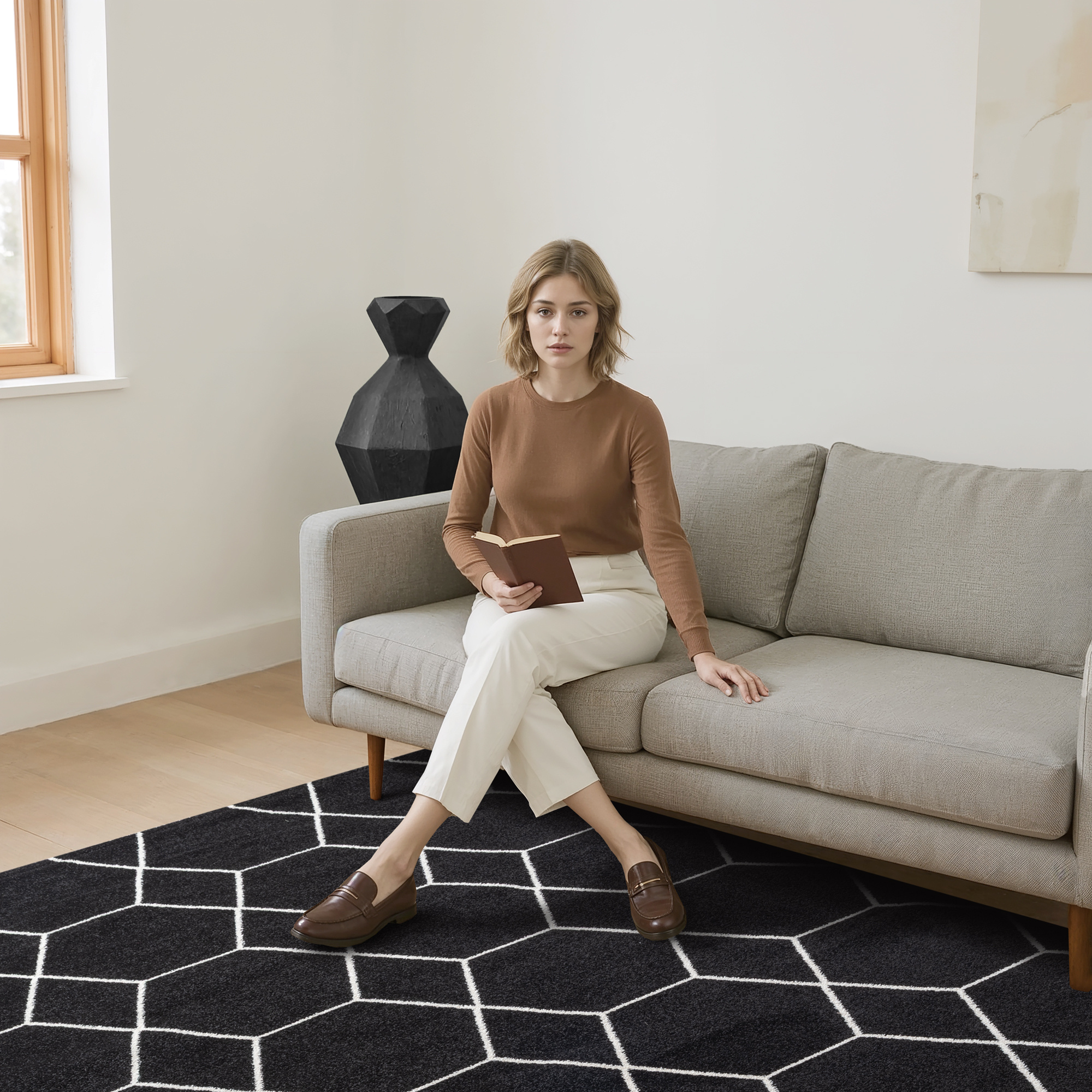 Trellis Uni Effen Laagpolig Vloerkleed Modern Zwart